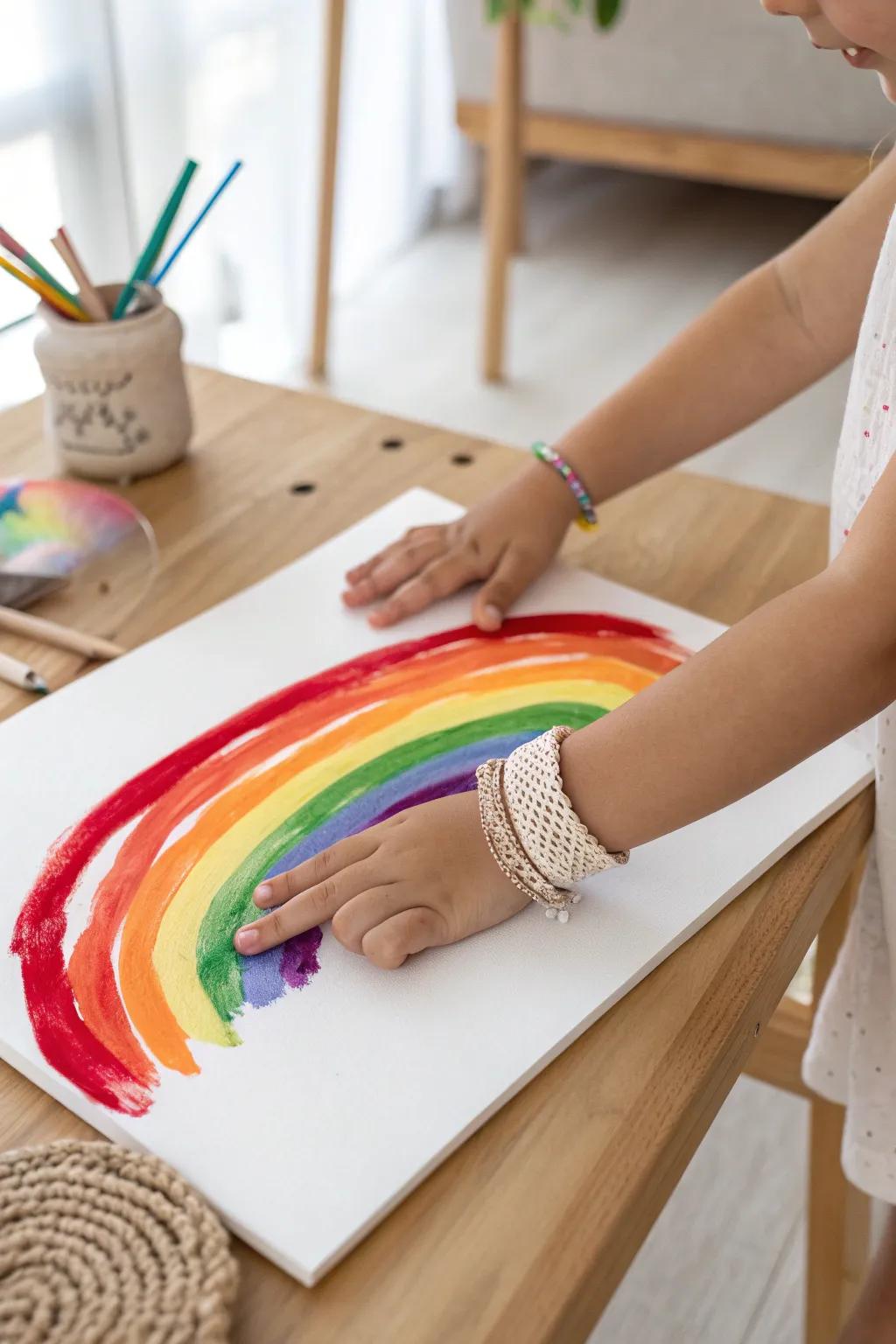 Capture the joy of a rainy day with the magic of finger-painted rainbows.