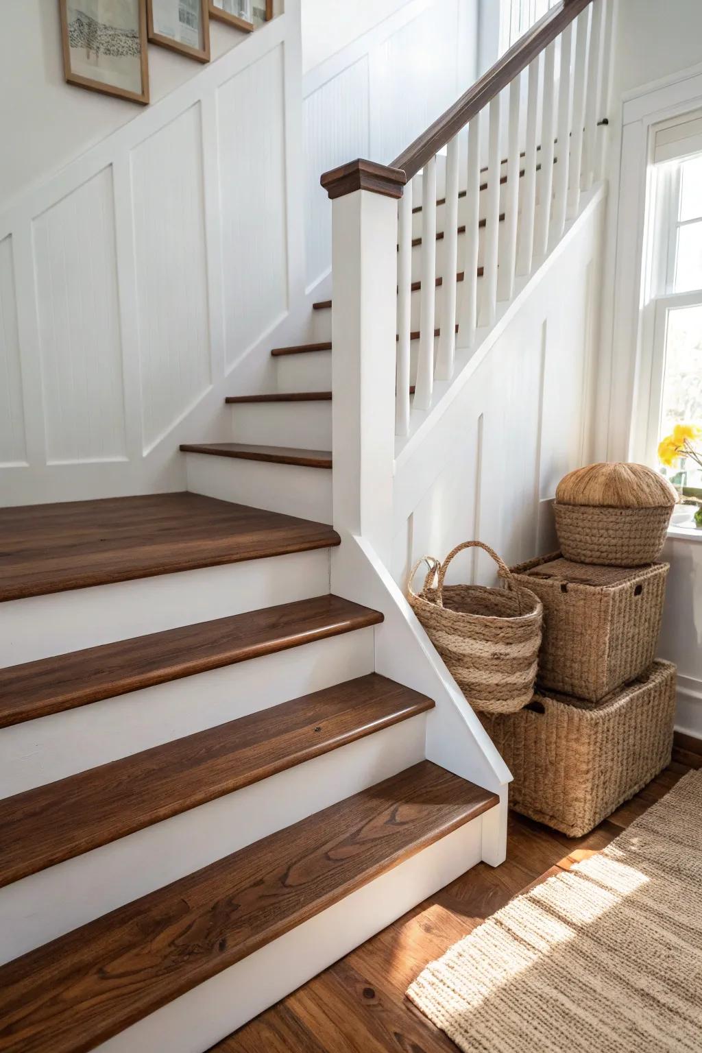 Deep walnut treads + crisp white trim: an instant staircase upgrade with grounded drama.