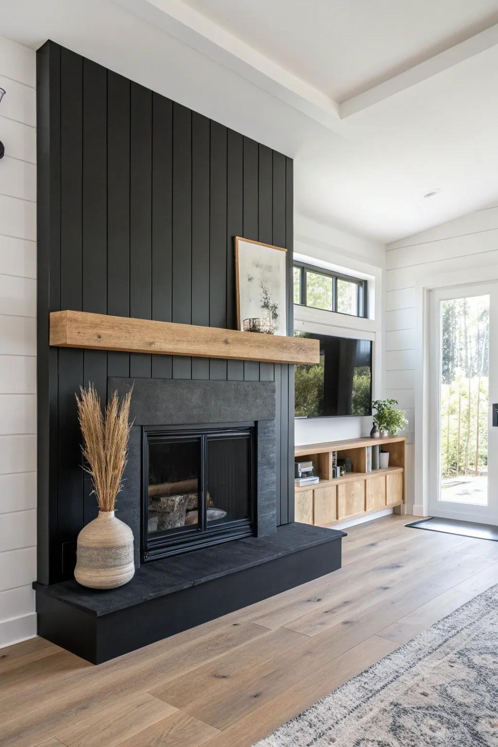 Moody matte-black bump-out + a light oak floating mantel for instant high-end contrast.