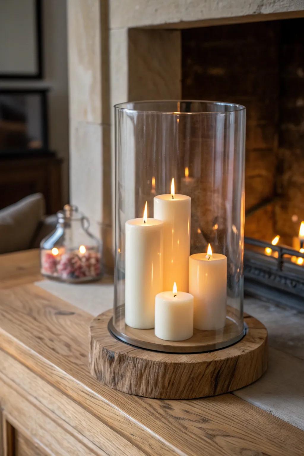 Cozy hearth styling: pillar candles clustered in a glass hurricane for a soft Christmas glow.