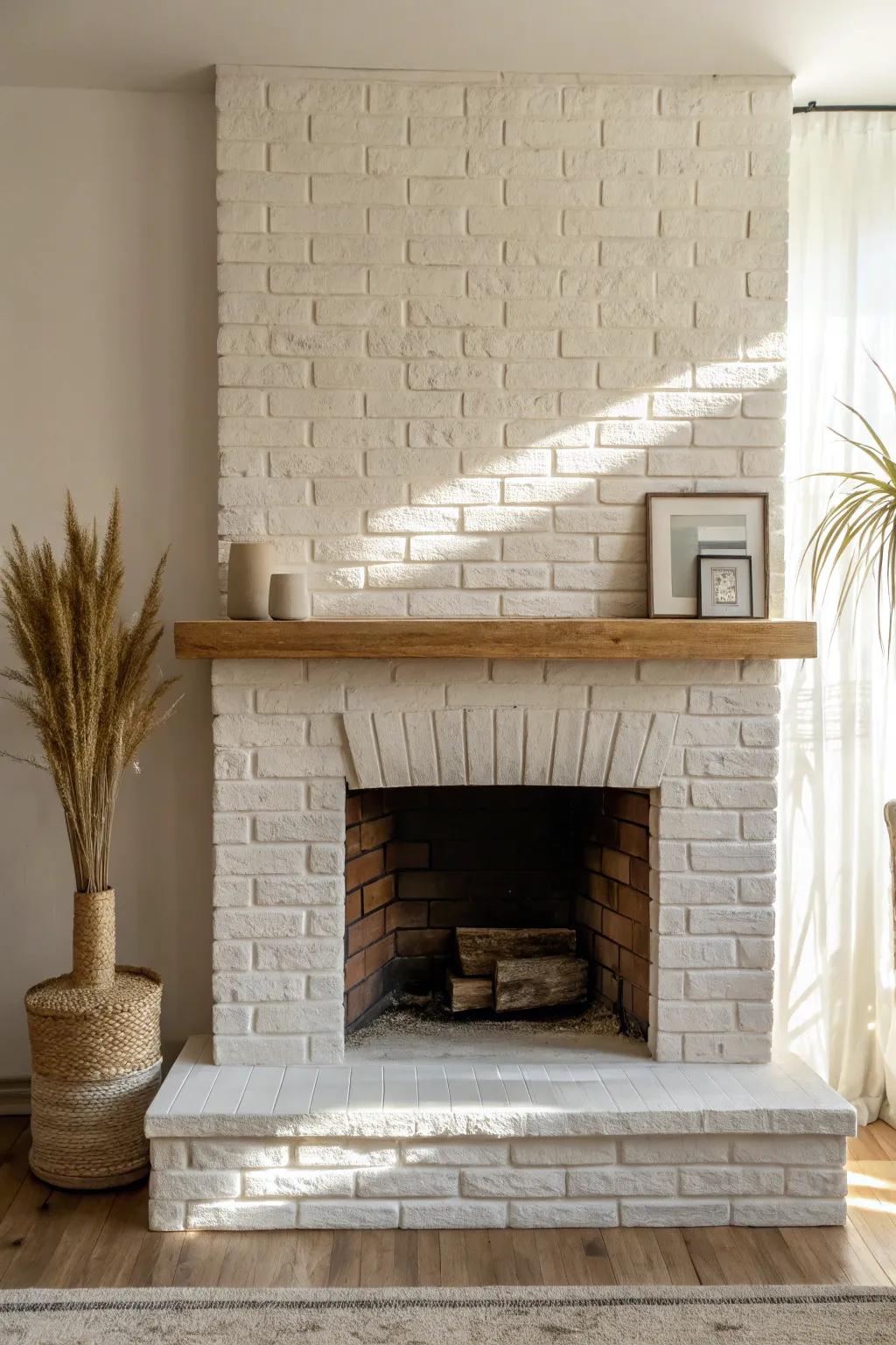 Soft white-painted brick keeps the fireplace’s texture, while brightening the whole room.