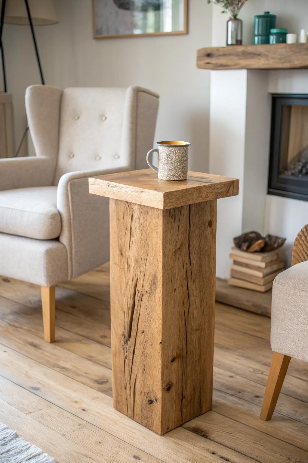 A chunky reclaimed-wood drink table makes a cozy fireplace corner feel like a destination.