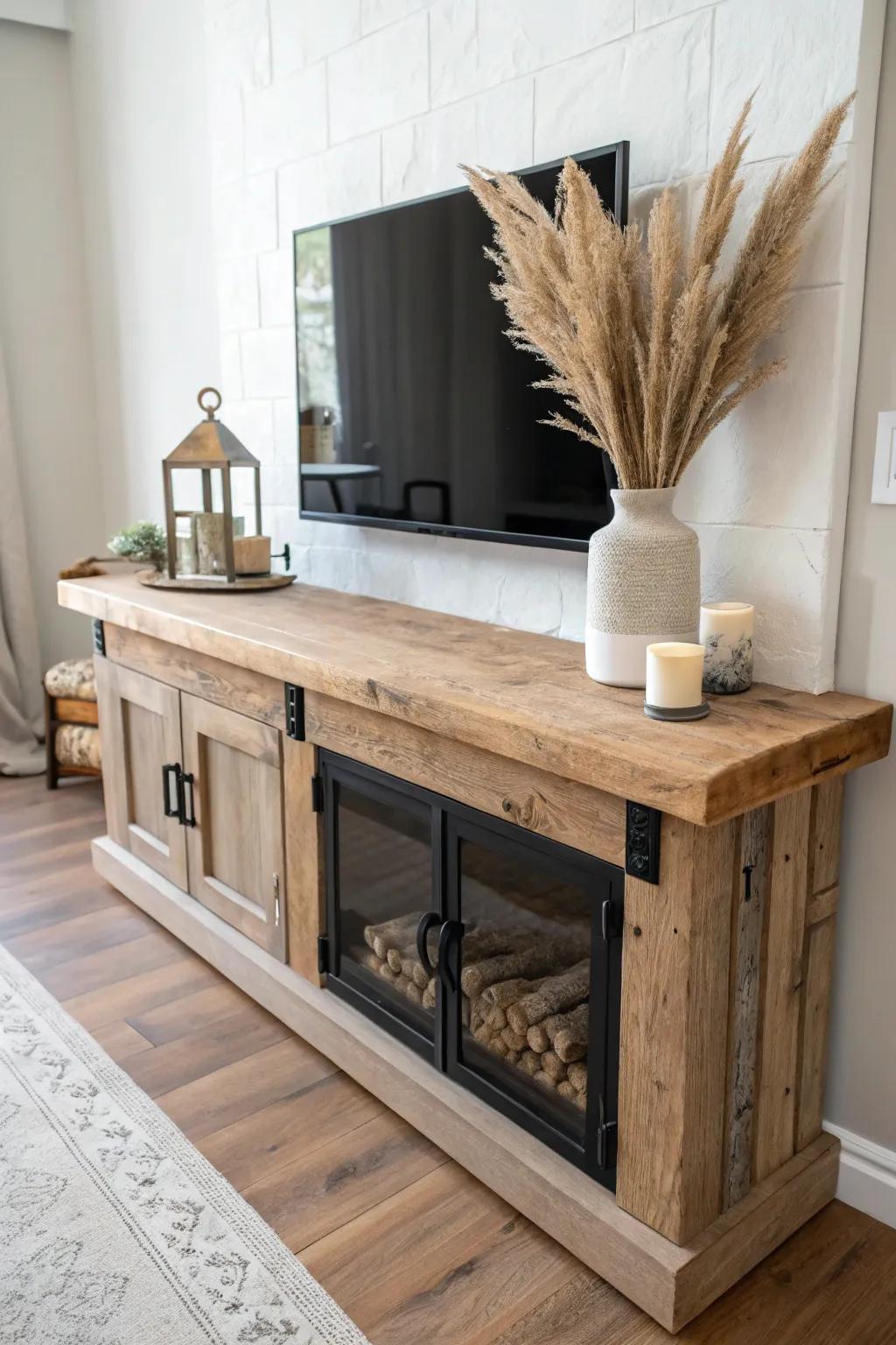 Rustic reclaimed-wood mantel top adds cozy character to a minimalist fireplace TV stand.