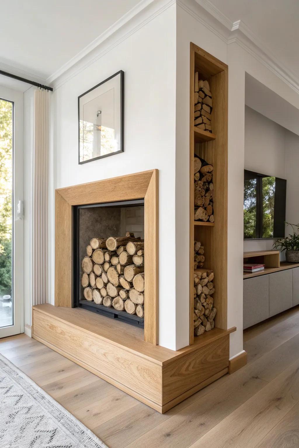 Built-in side niche firewood storage: clean lines, warm oak framing, and sculptural stacks.