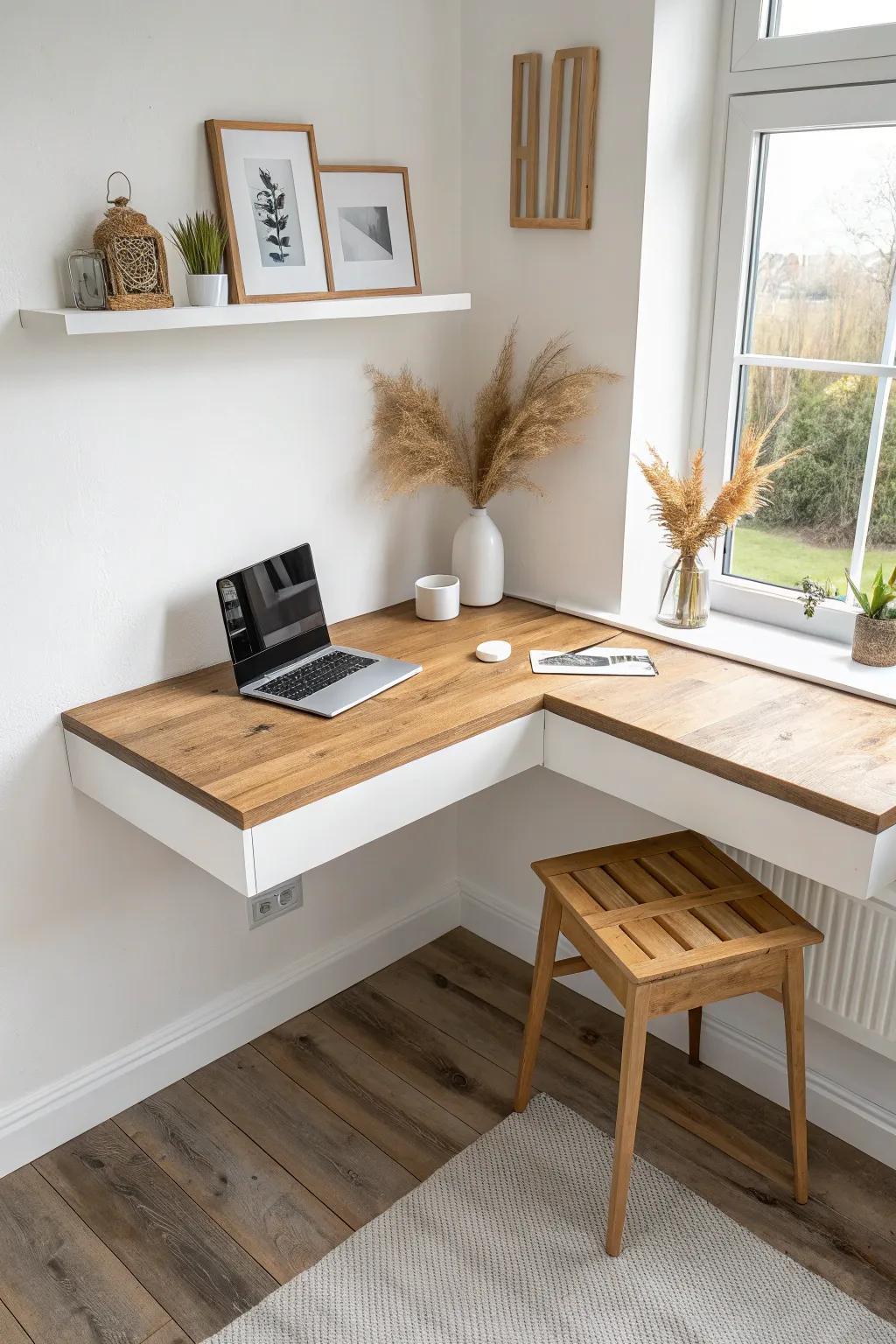 Chunky butcher-block floating corner desk—warm grain, hidden cleats, minimalist boho vibe.