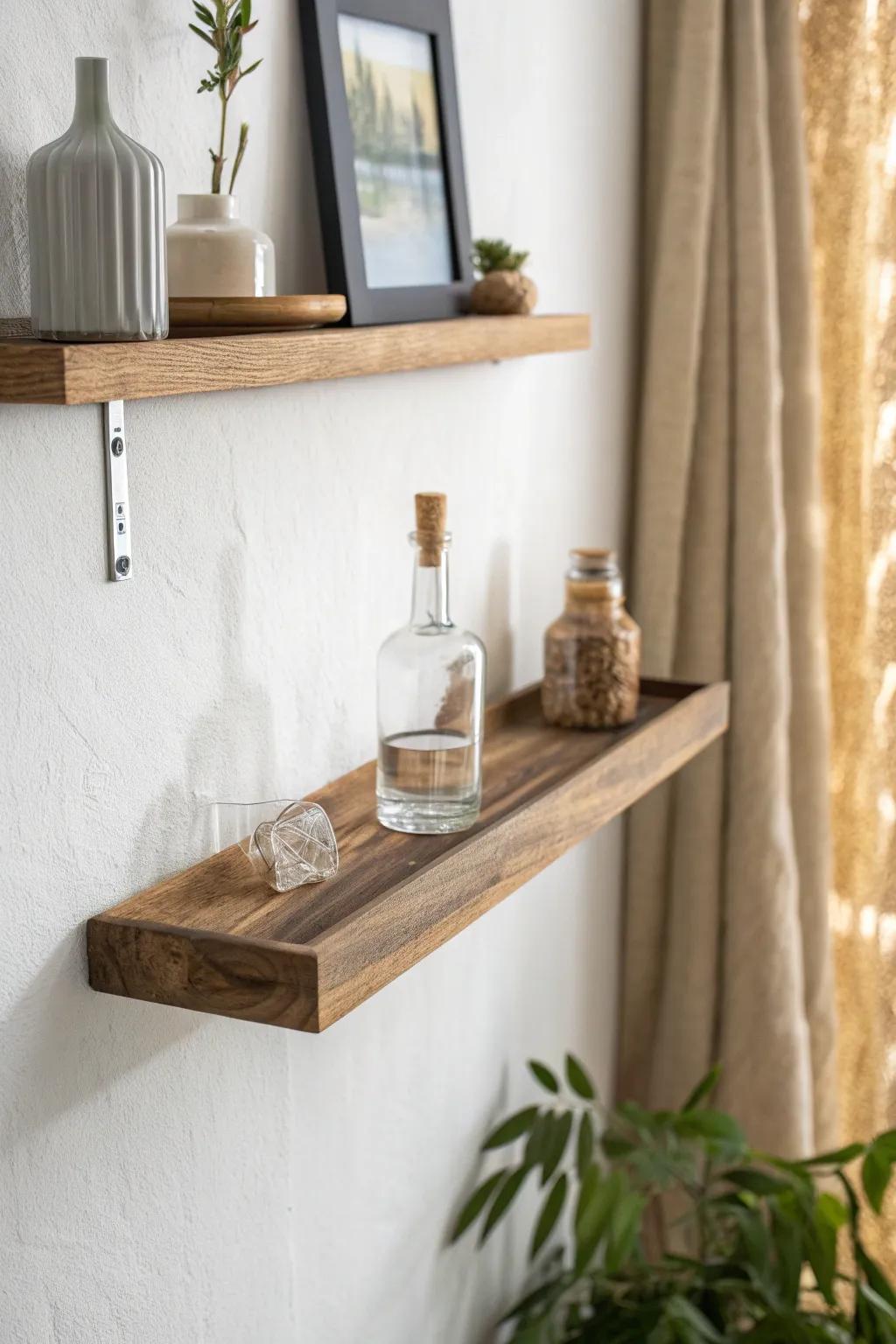 A live-edge floating shelf bar that lets the natural grain and organic edge steal the show.