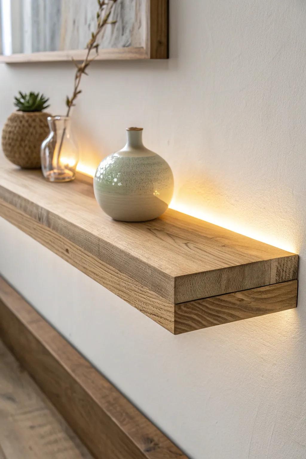 Back-edge LED halo makes a reclaimed wood shelf glow—soft, dreamy light that lifts the grain.