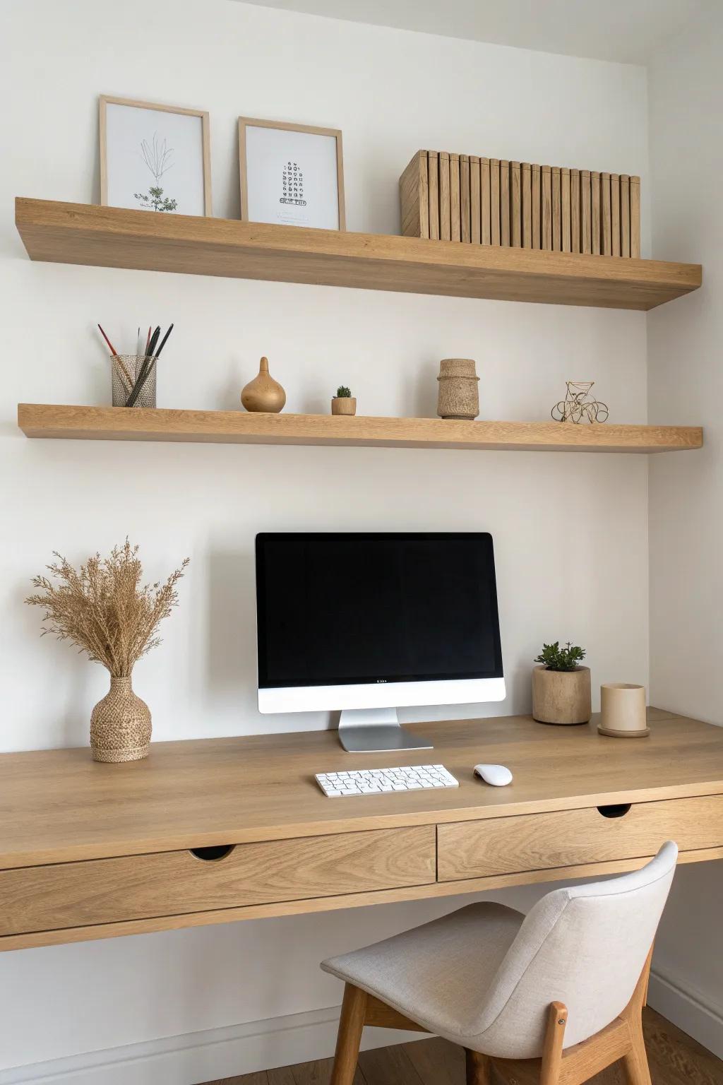 Three centered floating shelves bring calm symmetry and frame your workstation beautifully.