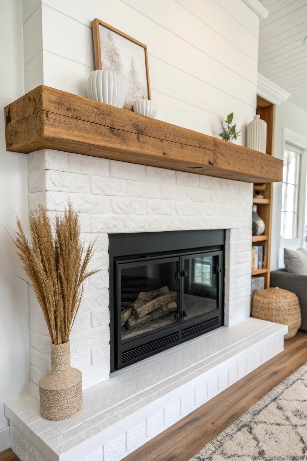 Chunky beam-style floating shelf beside the fireplace—cozy farmhouse weight, minimal look.