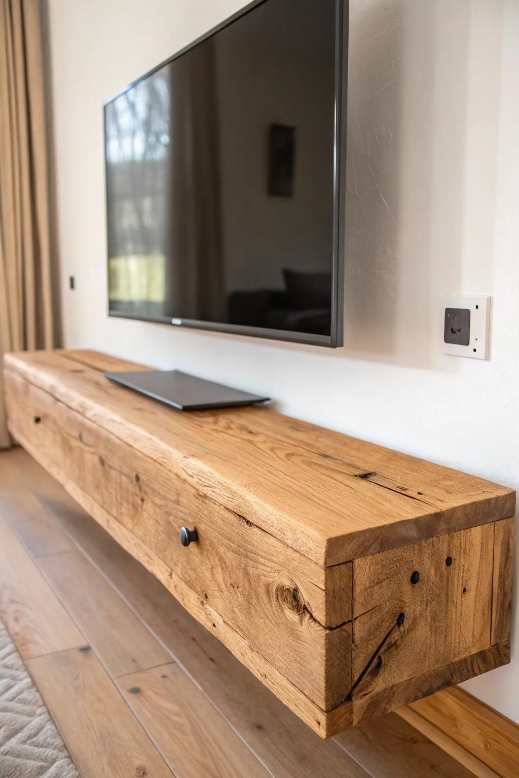 Warm reclaimed-wood floating TV stand—rustic knots and nail holes, sealed with a clear coat.