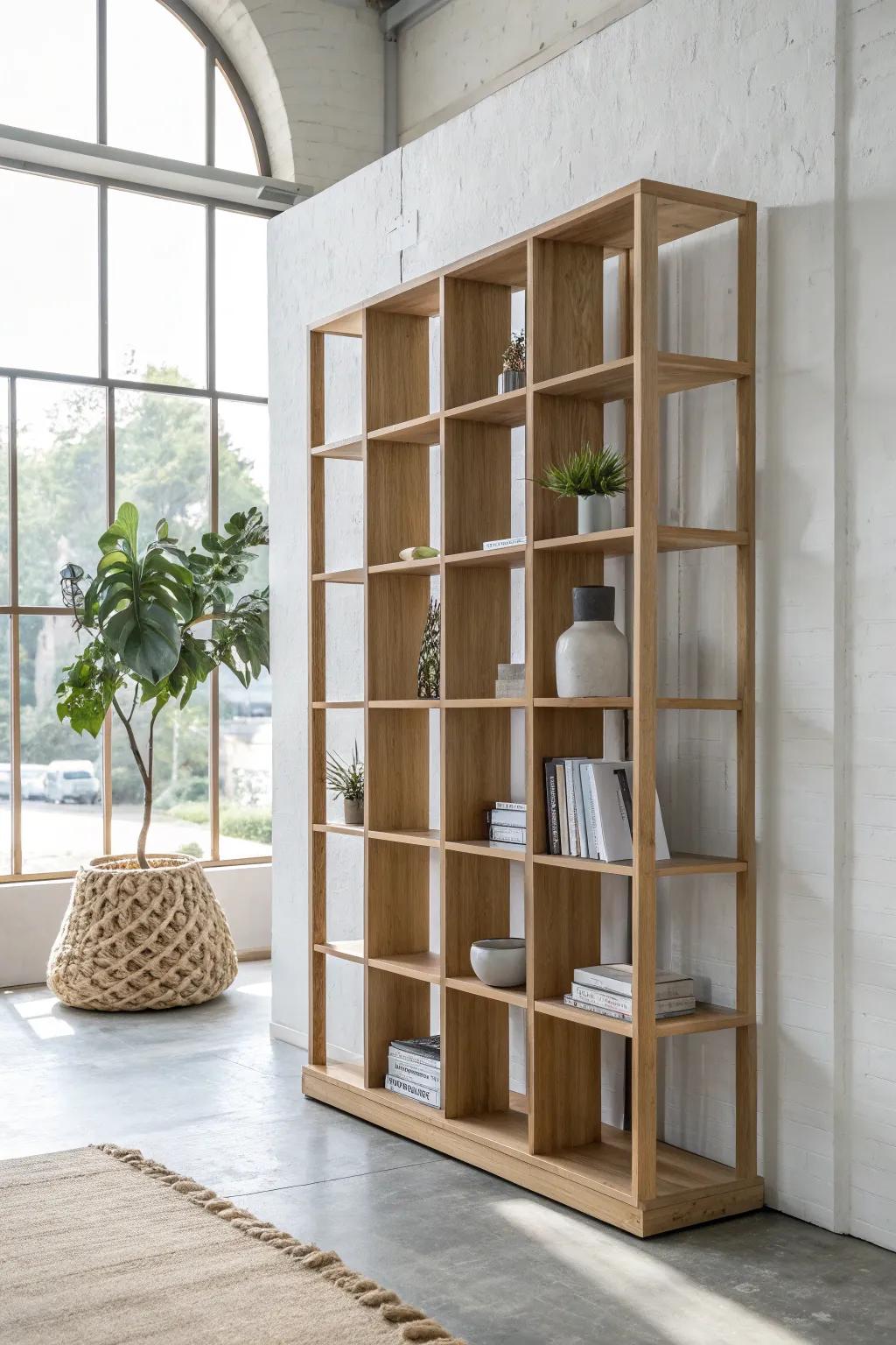Open cube wood grid divider: airy, floor-to-ceiling structure with styled niches for plants.