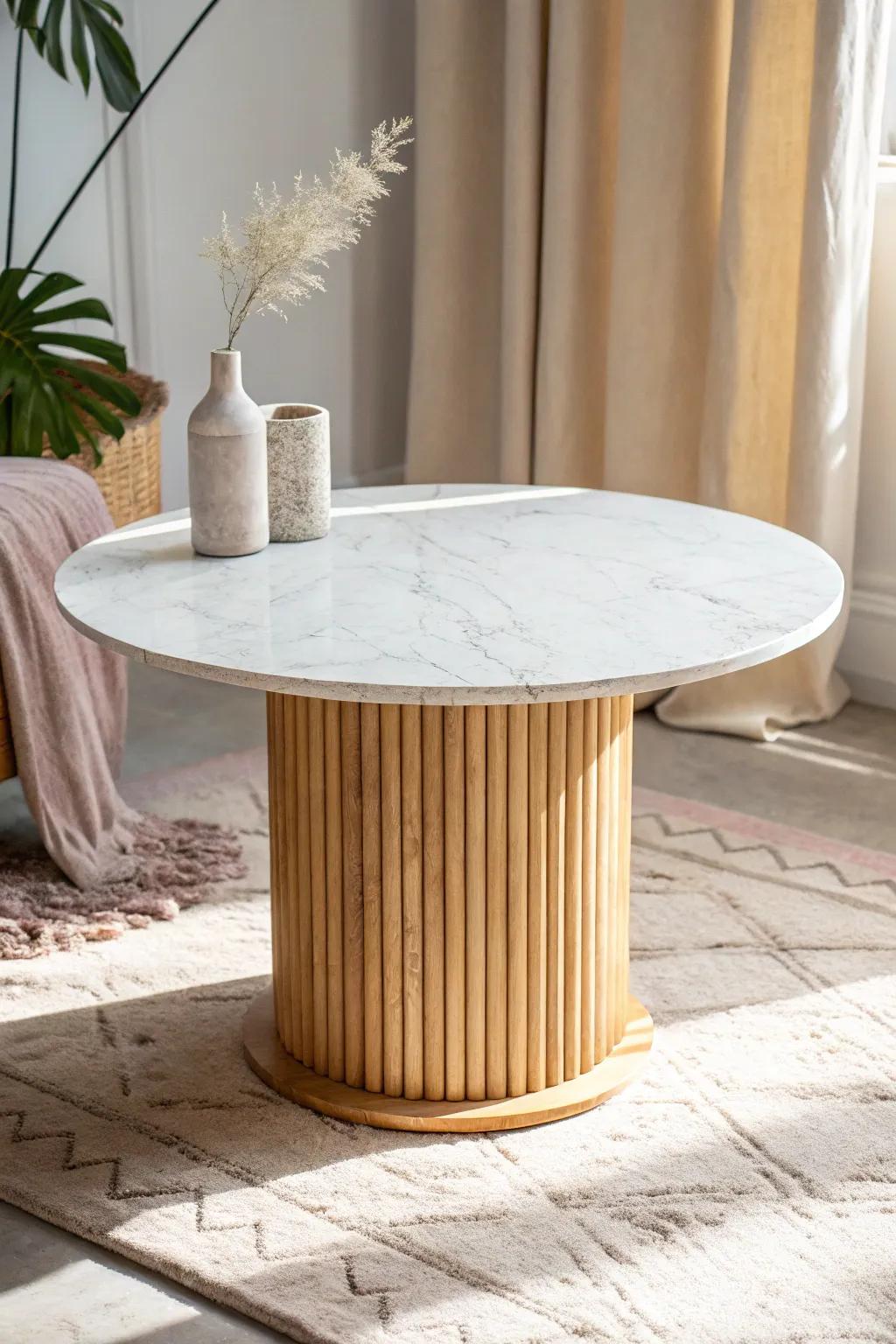 Bright white stone-look top meets warm fluted oak—minimal, cozy contrast with artisan detail.