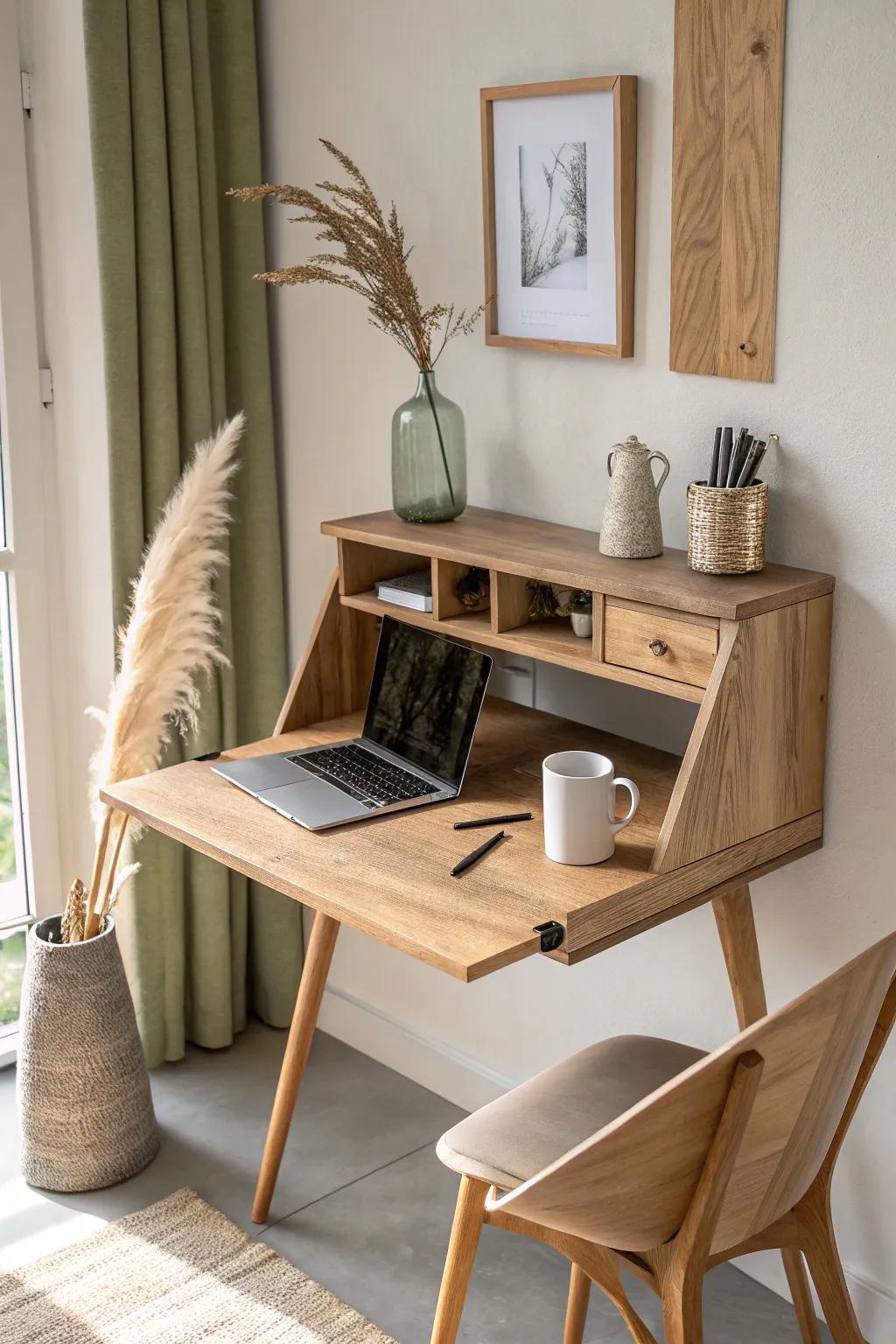 Airy fold-down floating desk—standing height, hidden supports, and clear floor space.
