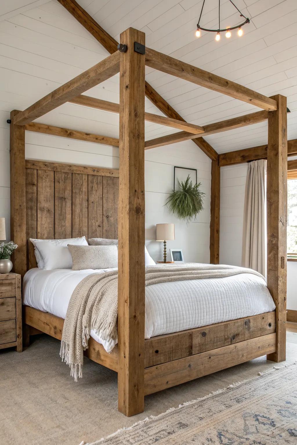 Modern farmhouse warmth: reclaimed wood four-poster bed with knots and saw marks on display.