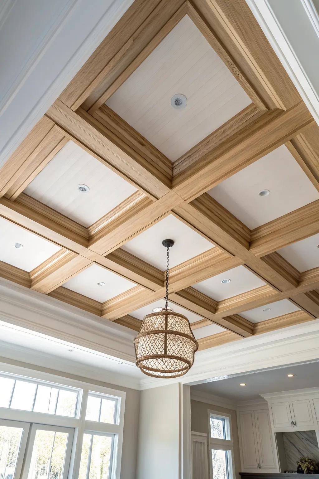 Classic coffered grid depth—subtle contrast and shifting daylight shadows for a custom foyer look.
