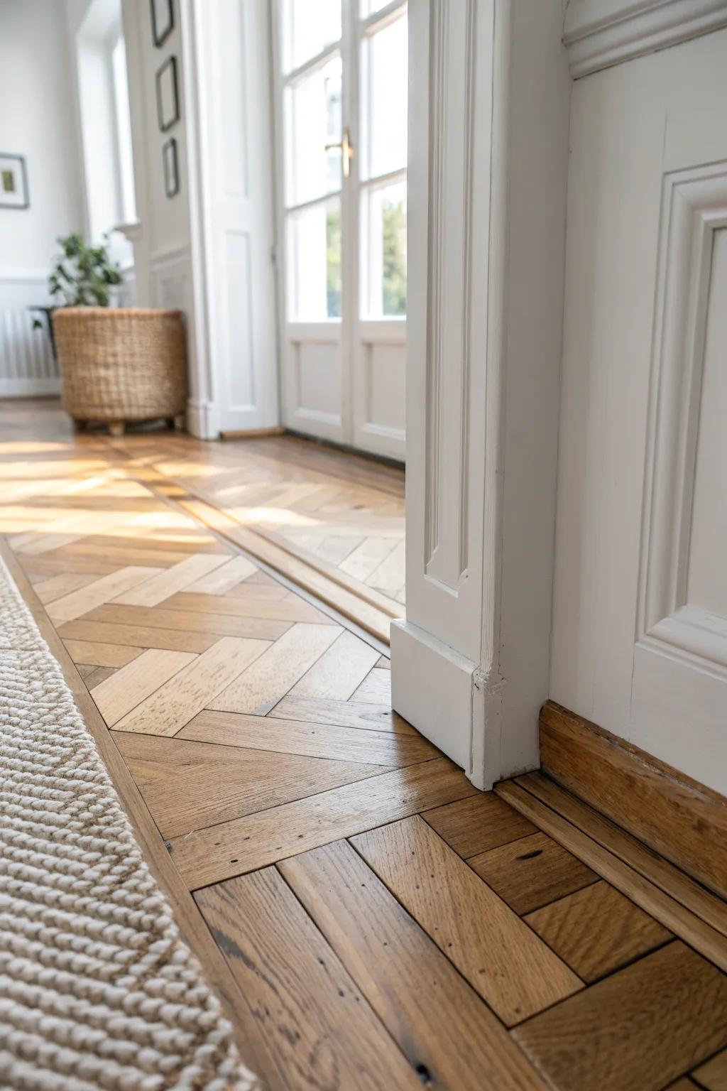 Classic parquet blocks with salvaged details—timeless foyer charm with modern farmhouse warmth.