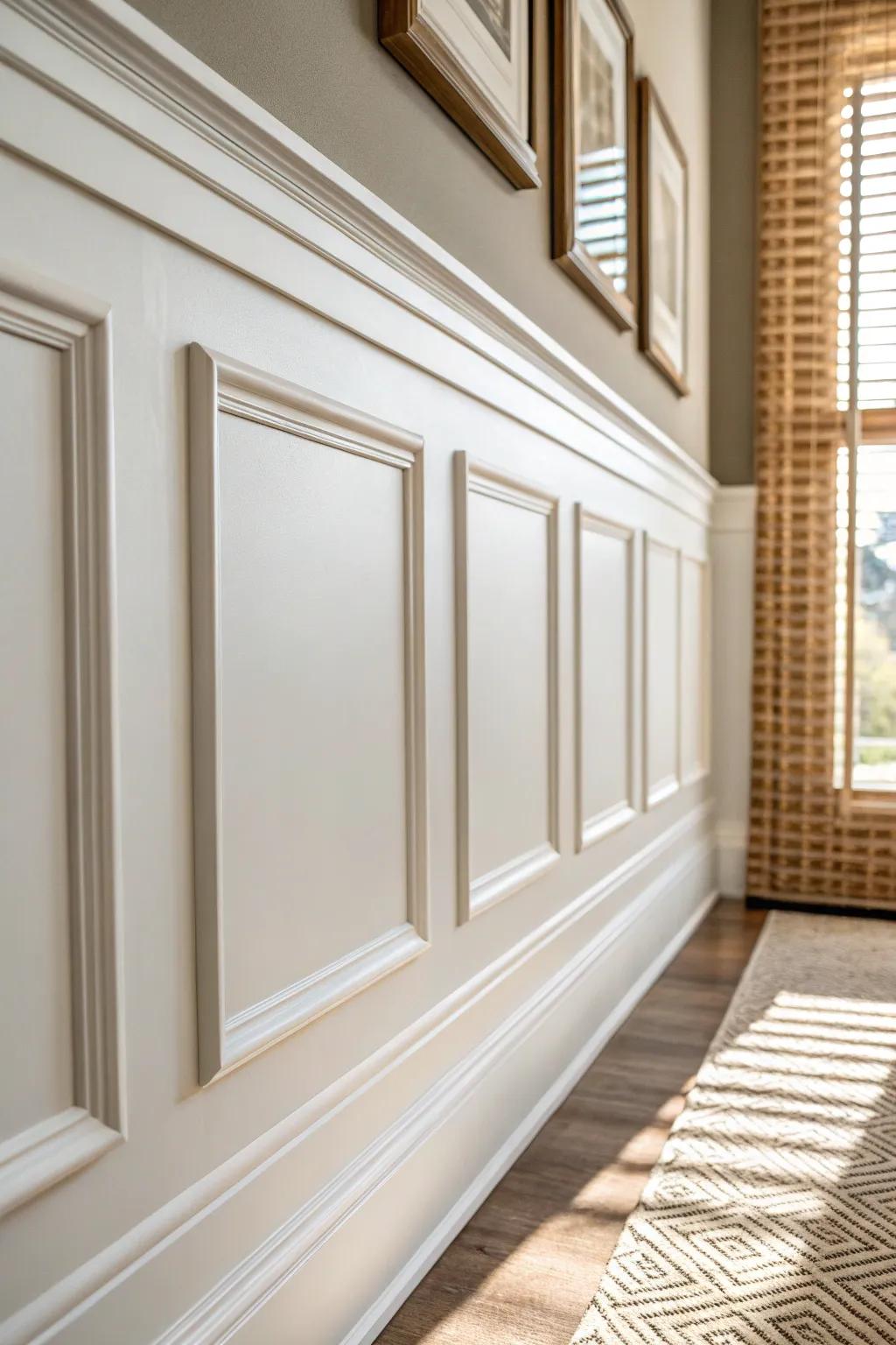 Crisp box molding grid panels add tailored architecture to your foyer—tape it out first.