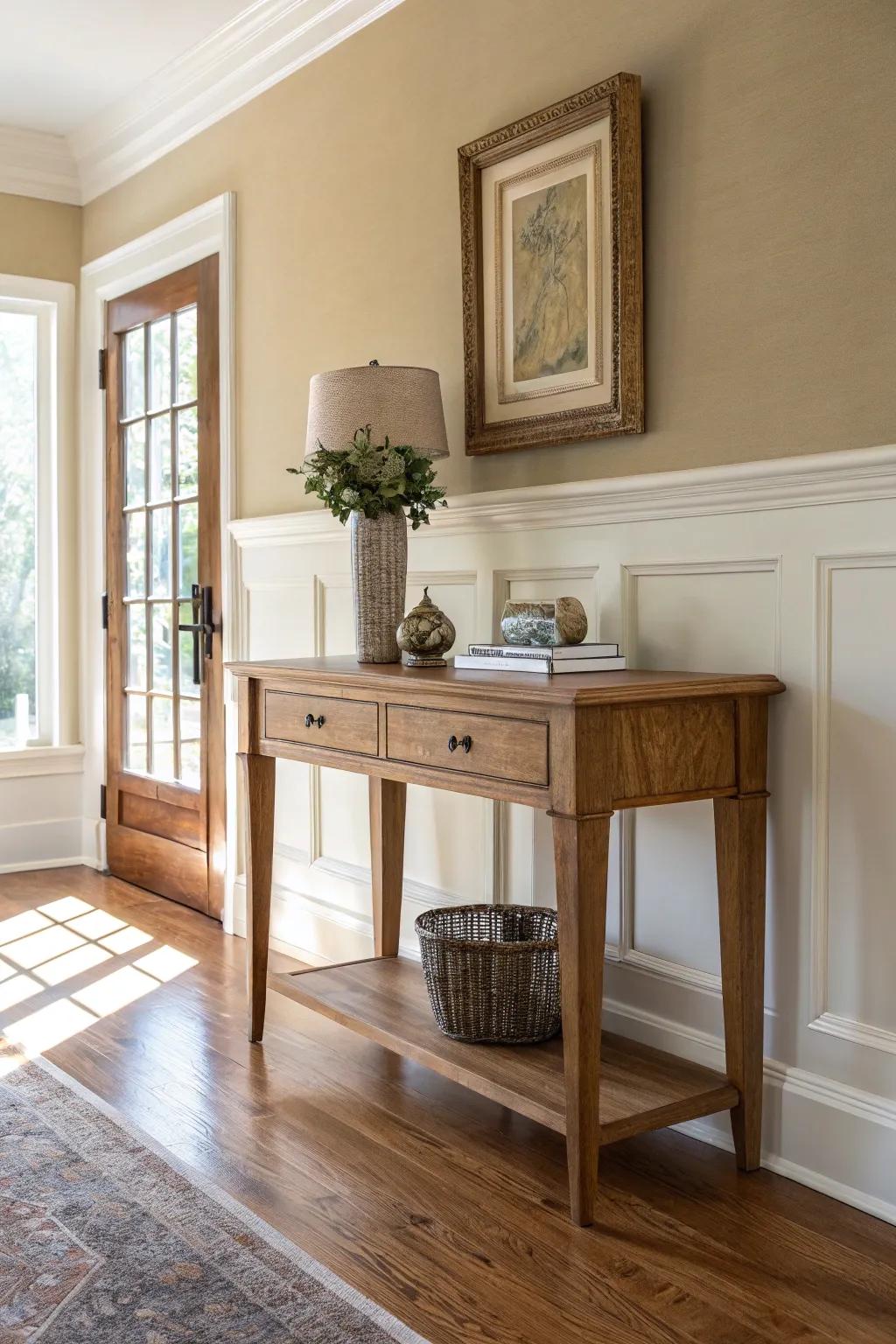 Warm greige walls and creamy trim make this oak entry console feel sunlit and French country.