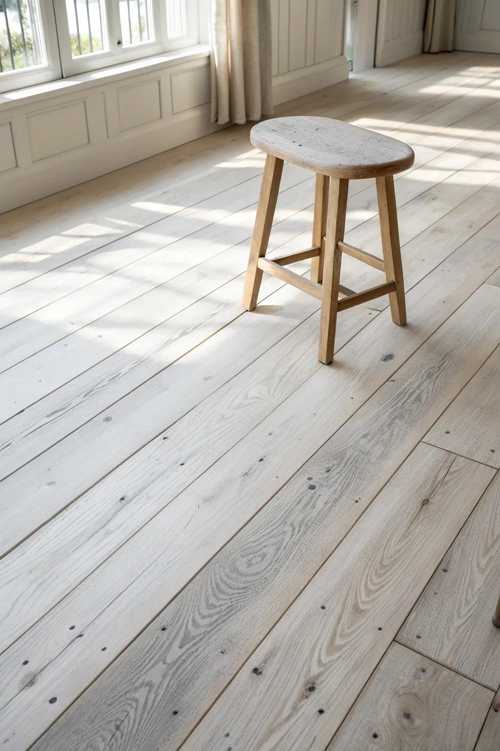 Soft whitewashed planks with visible grain—French country lightness in a minimalist space.
