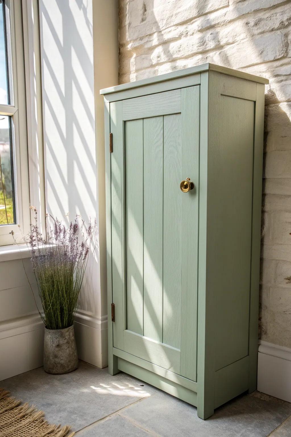 Creamy whites meet soft sage—timeless French country calm for a bright, cozy laundry room.