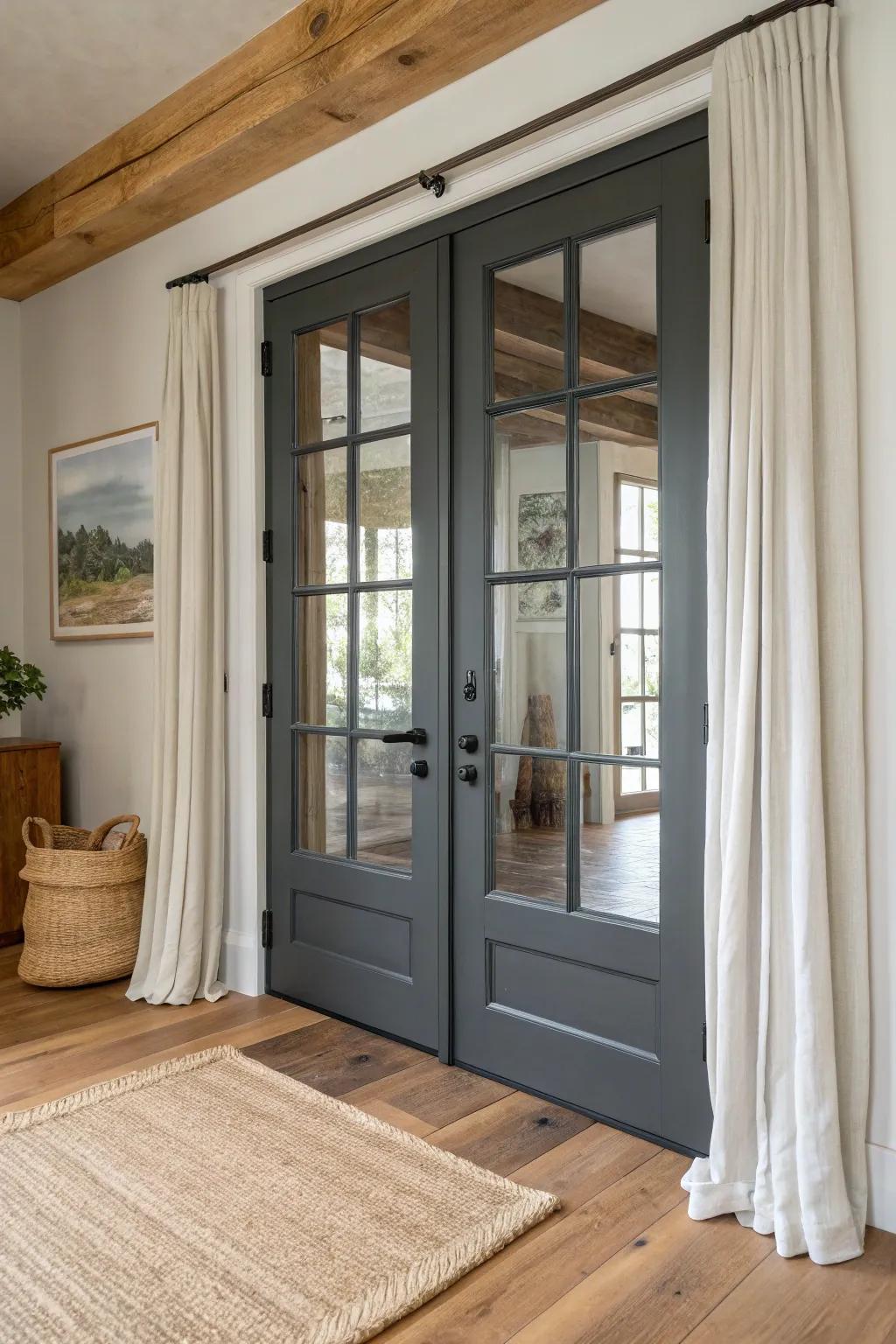 Soft charcoal gray French doors pair beautifully with warm wood trim for modern, scuff-friendly style.
