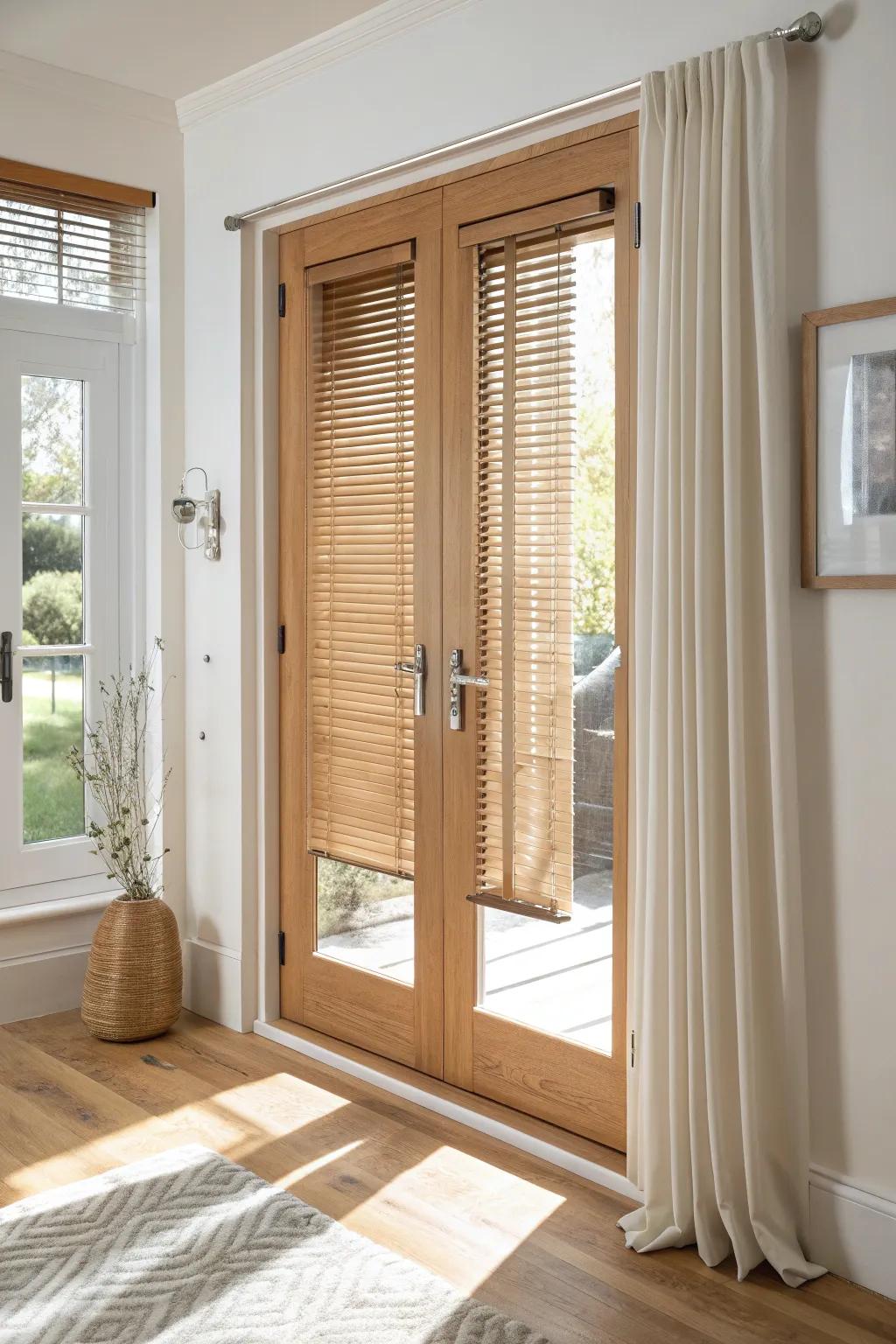 Slim oak blinds with hold-downs keep French doors polished, quiet, and beautifully streamlined.