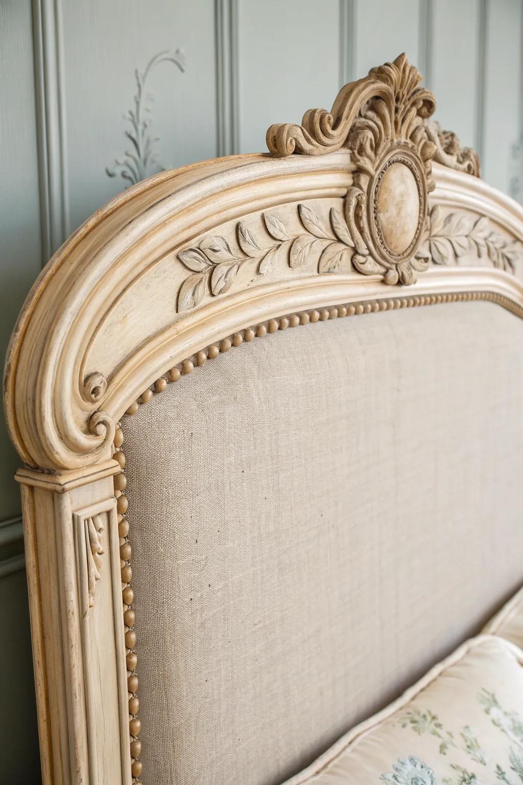 Carved painted wood + linen upholstery: the effortless French provincial headboard statement.