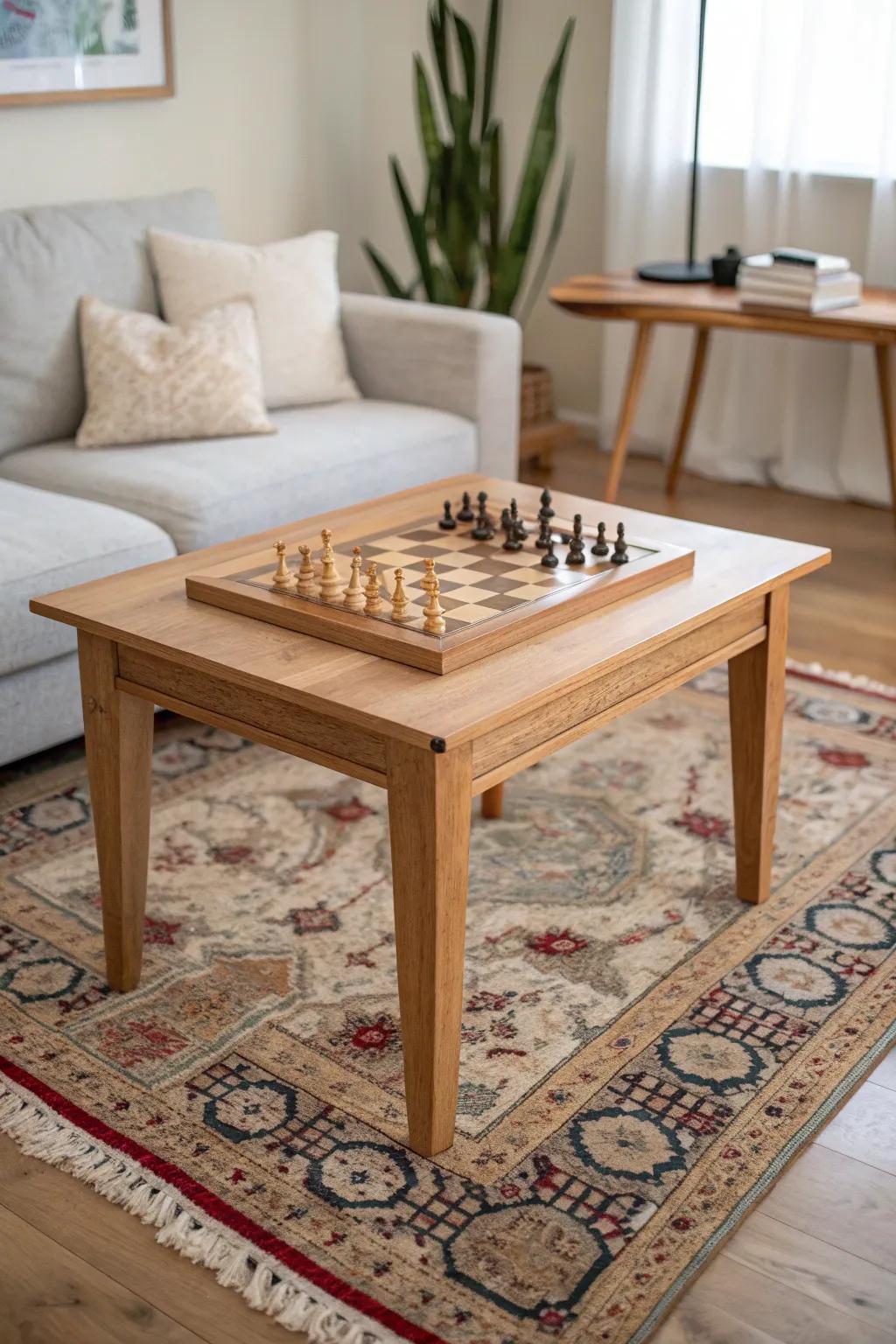 A rug-defined play zone: a handcrafted oak game table that feels intentional in open living.