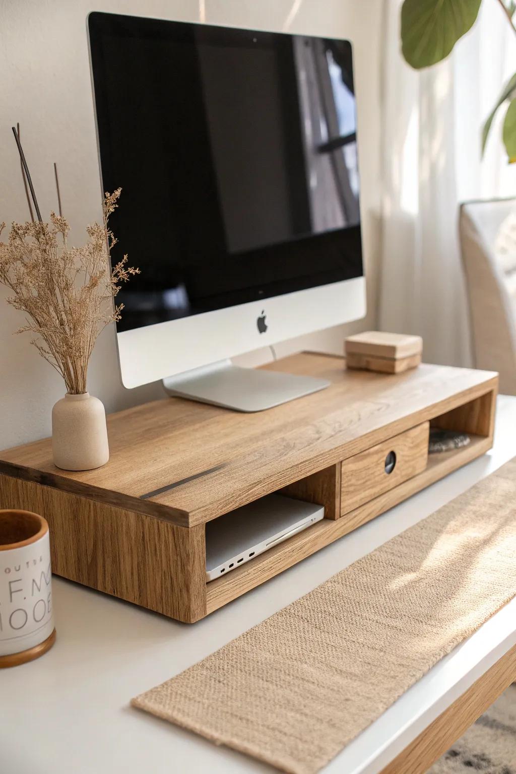 DIY wood monitor riser from scrap boards—clean lines, hidden controller slot, tidy desk look.