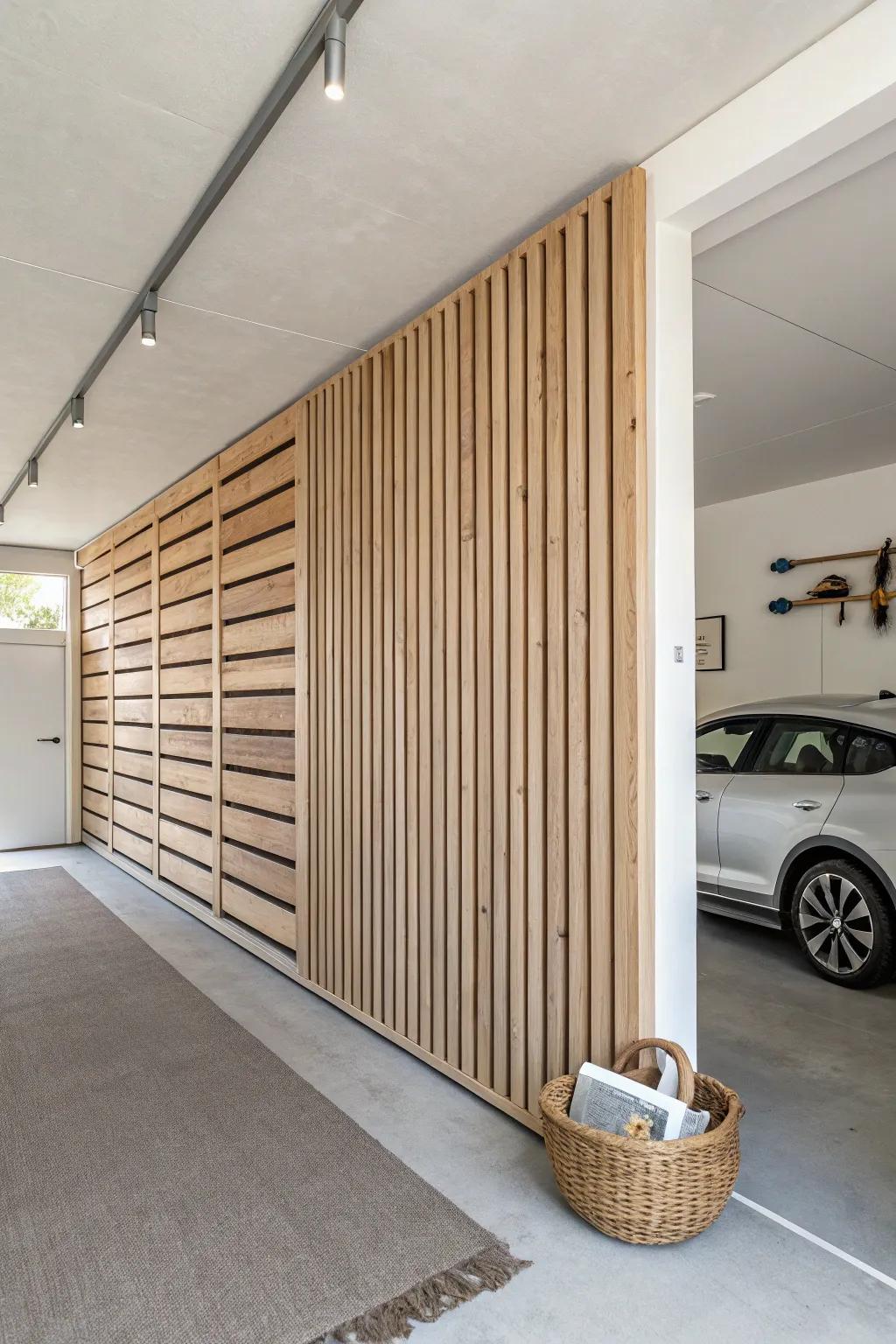 Vertical oak slats add designer texture and tidy shadow lines for an elevated garage accent wall.