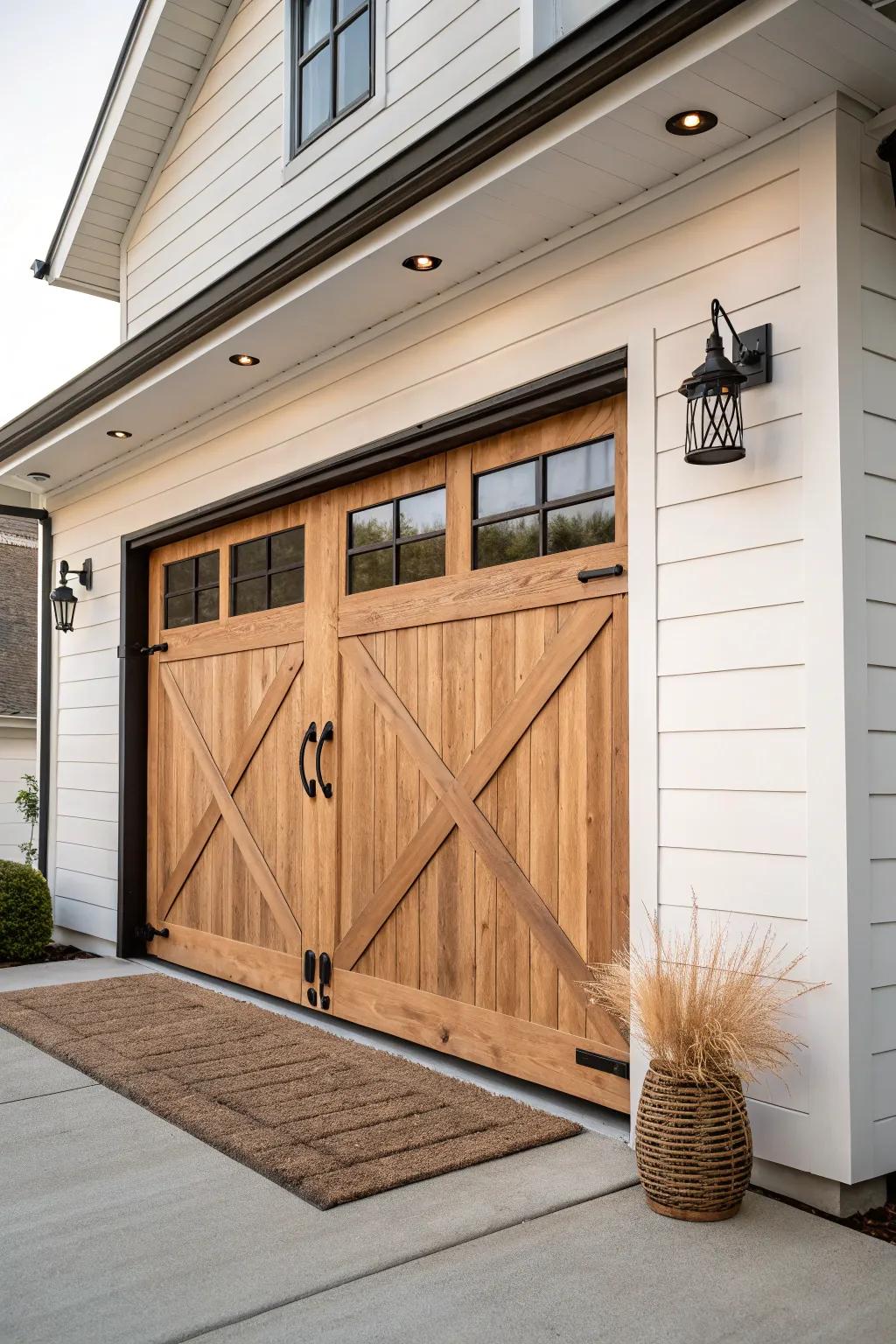 Barn-door overlay on an overhead garage door—carriage charm with smooth modern function.
