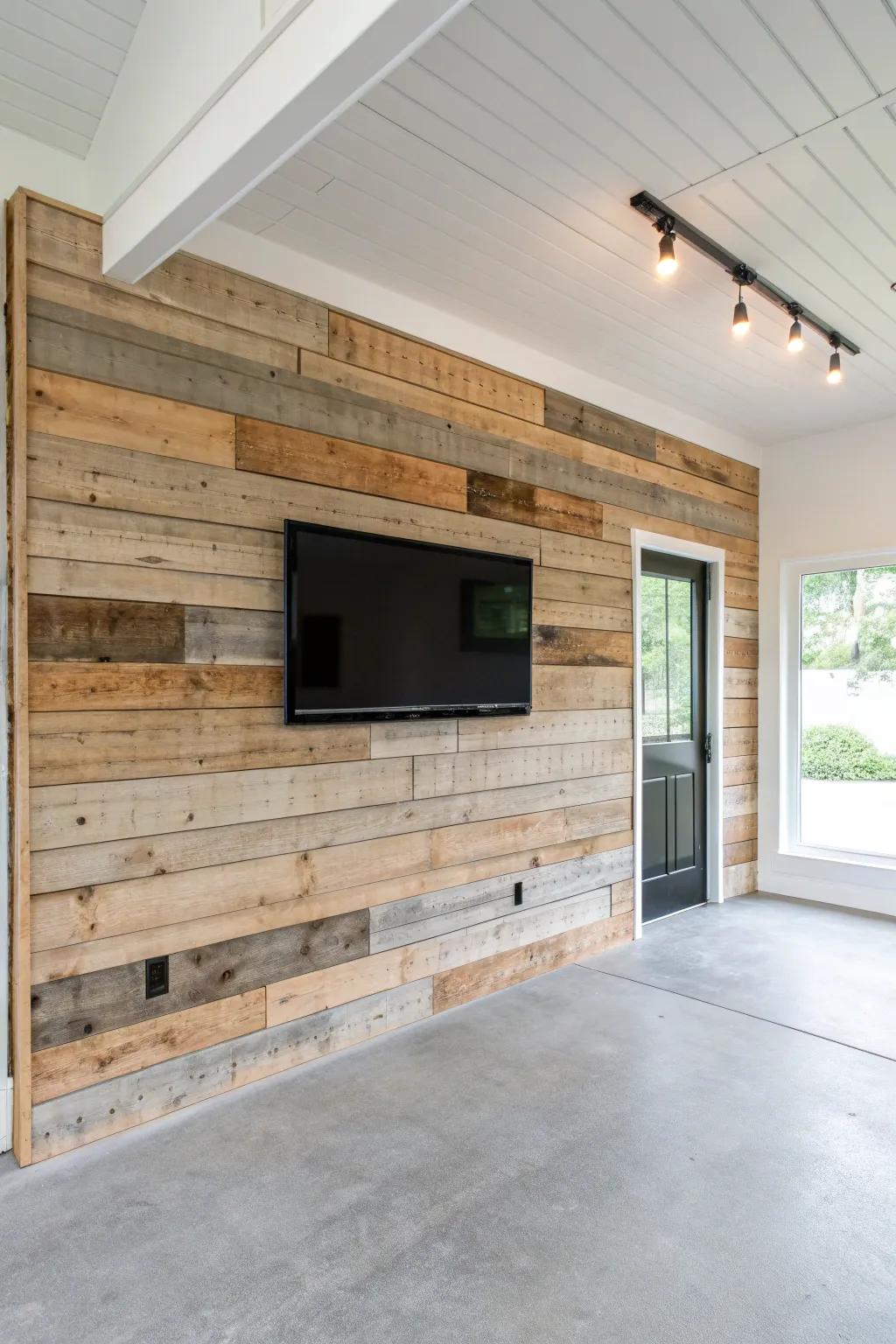 Reclaimed shiplap TV feature wall that instantly turns a garage into a cozy rec room.