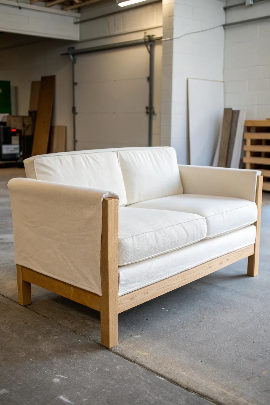 Compact garage loveseat with washable slipcover—Scandi simplicity with a workshop-proof finish.