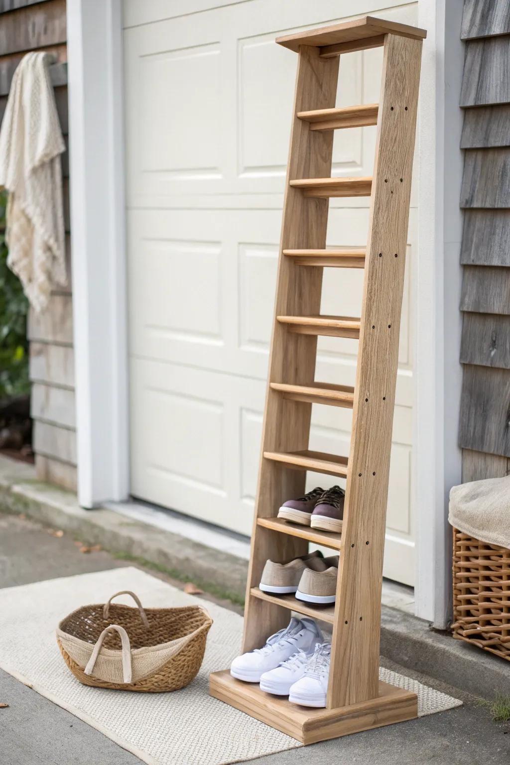 Tall vertical shoe tower: slim, handcrafted wood storage that saves garage floor space.