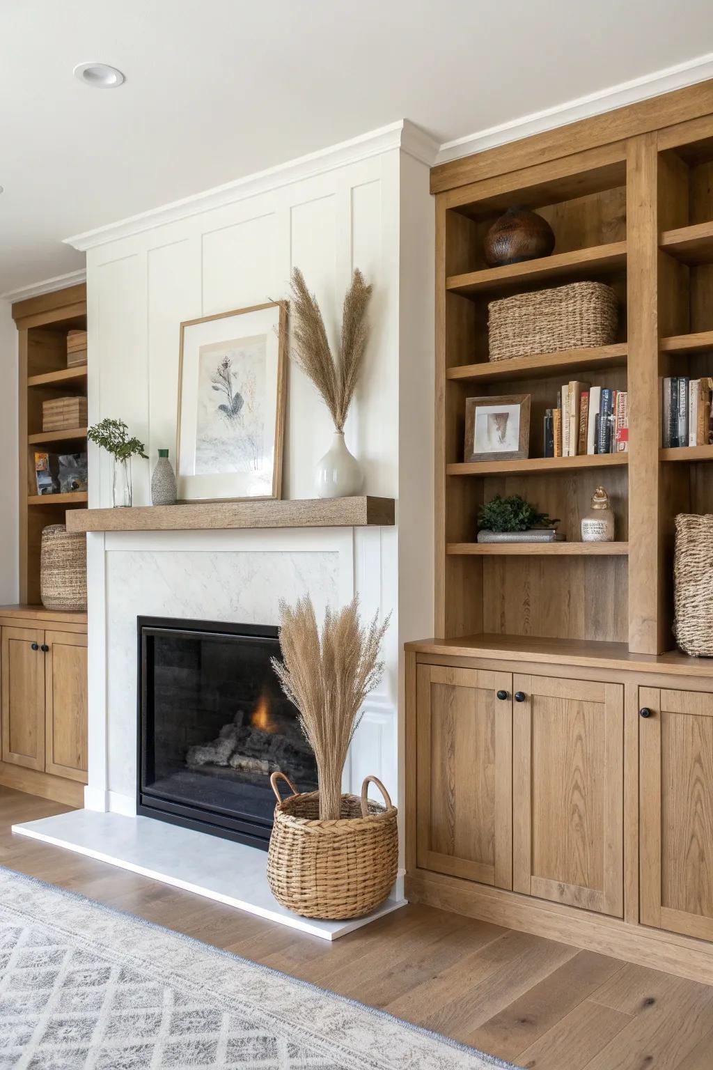 Symmetrical built-ins that frame the fireplace—warm oak, hidden storage, and simple styling.