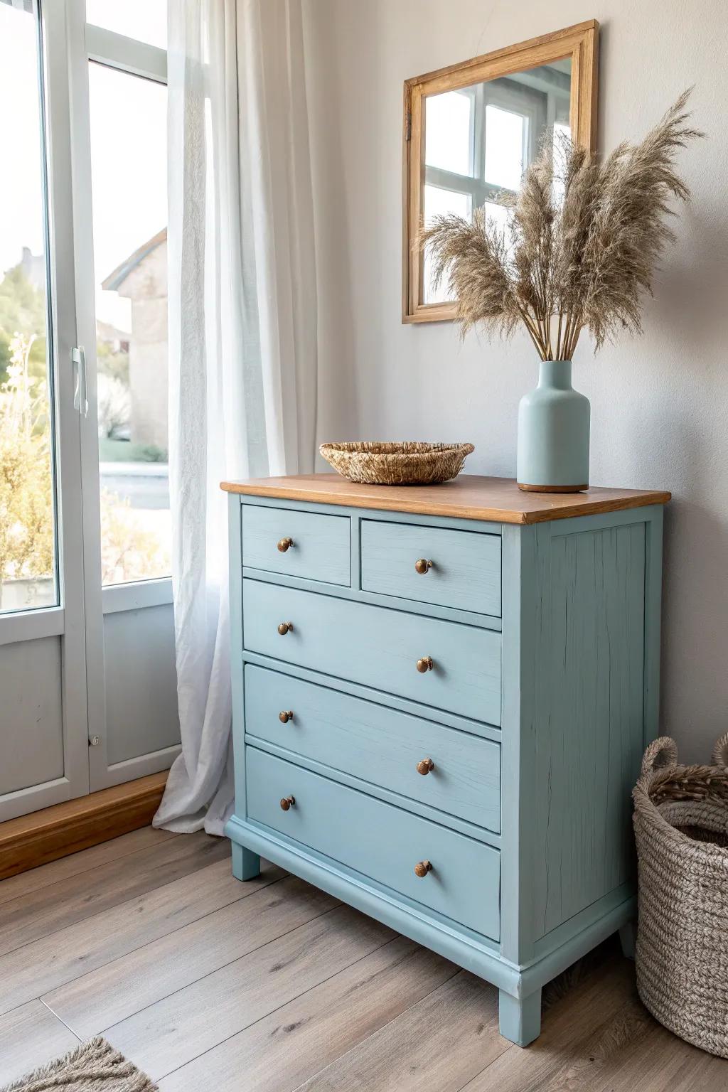 Soft sky blue drawers with a natural wood top—clean tape line for an elevated, grown-up look.