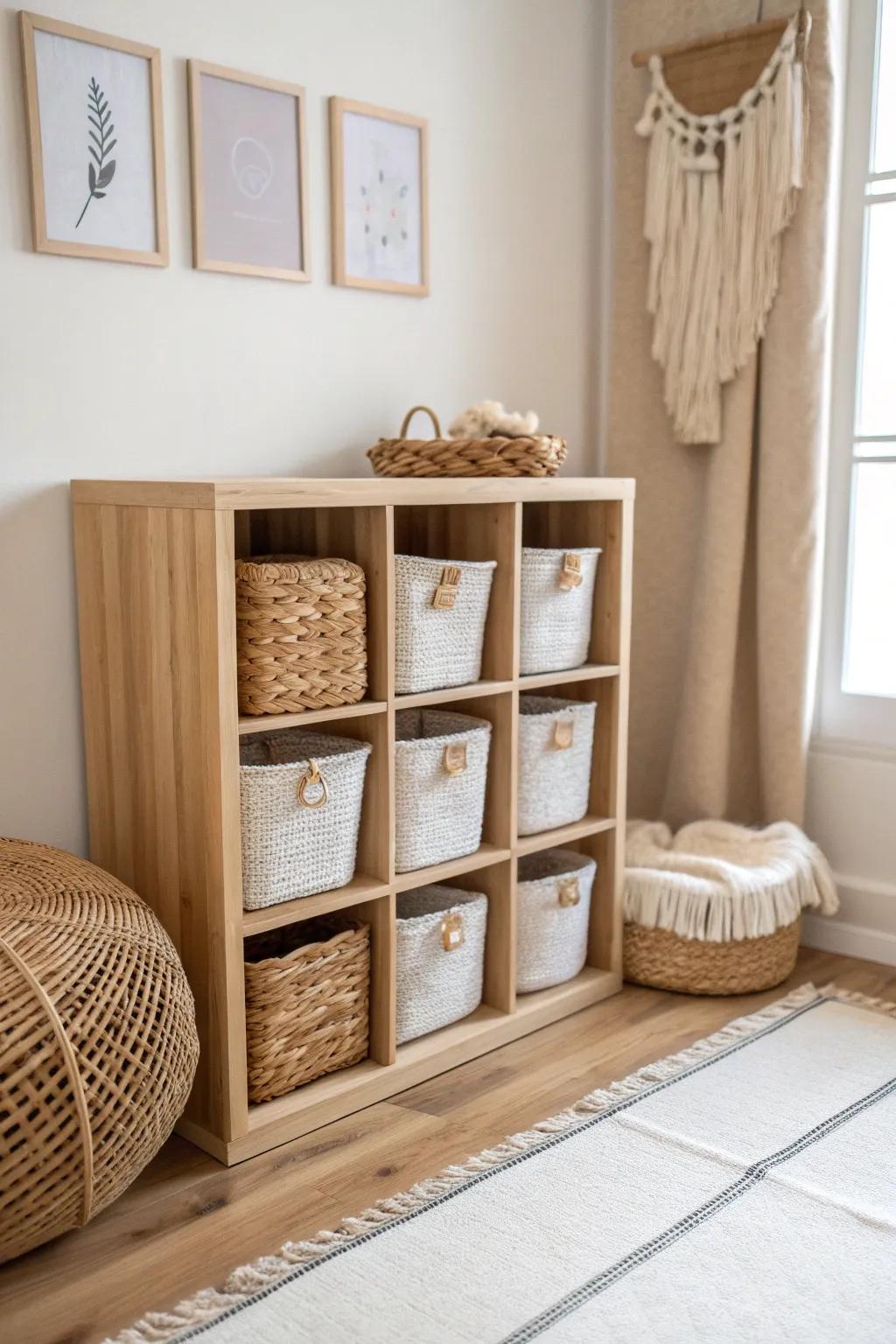 Scandi wood cubby toy box with woven baskets—pretty, calm storage for dolls, blocks, puzzles.