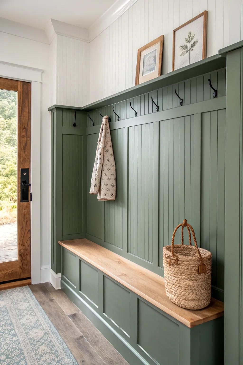 Two-tone sage wainscoting with bright white above—taller, brighter, and scuff-proof.