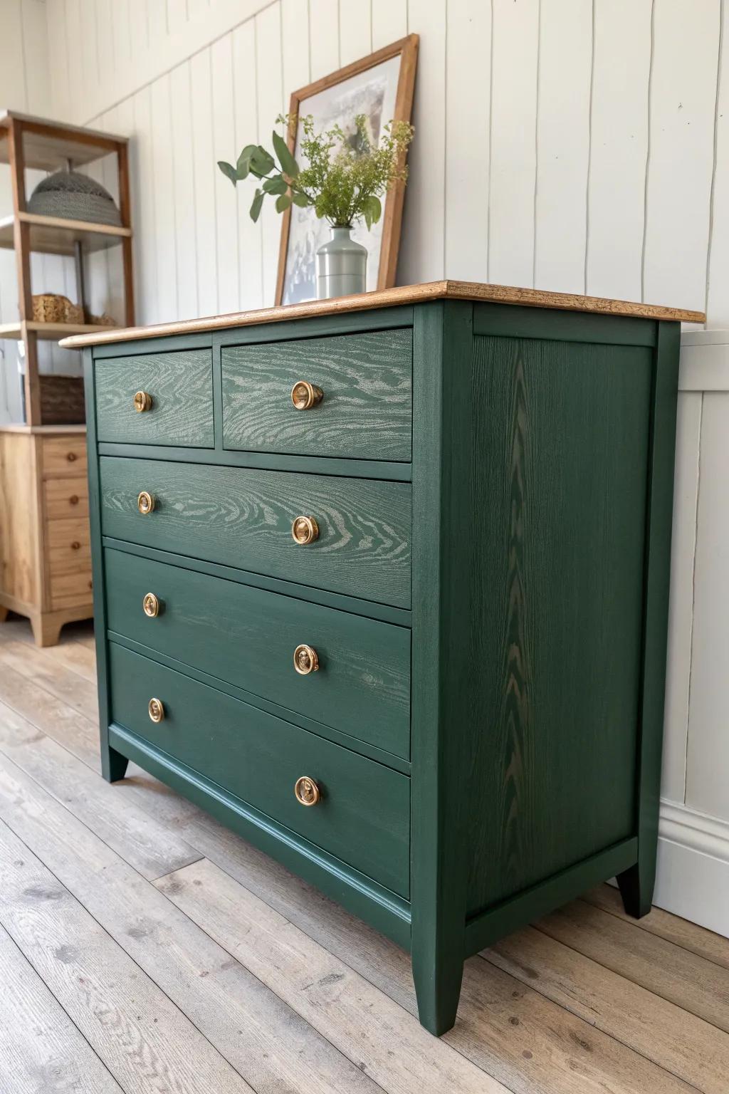 Forest green dresser makeover: matte paint, stripped wood top, and cozy Scandinavian charm.