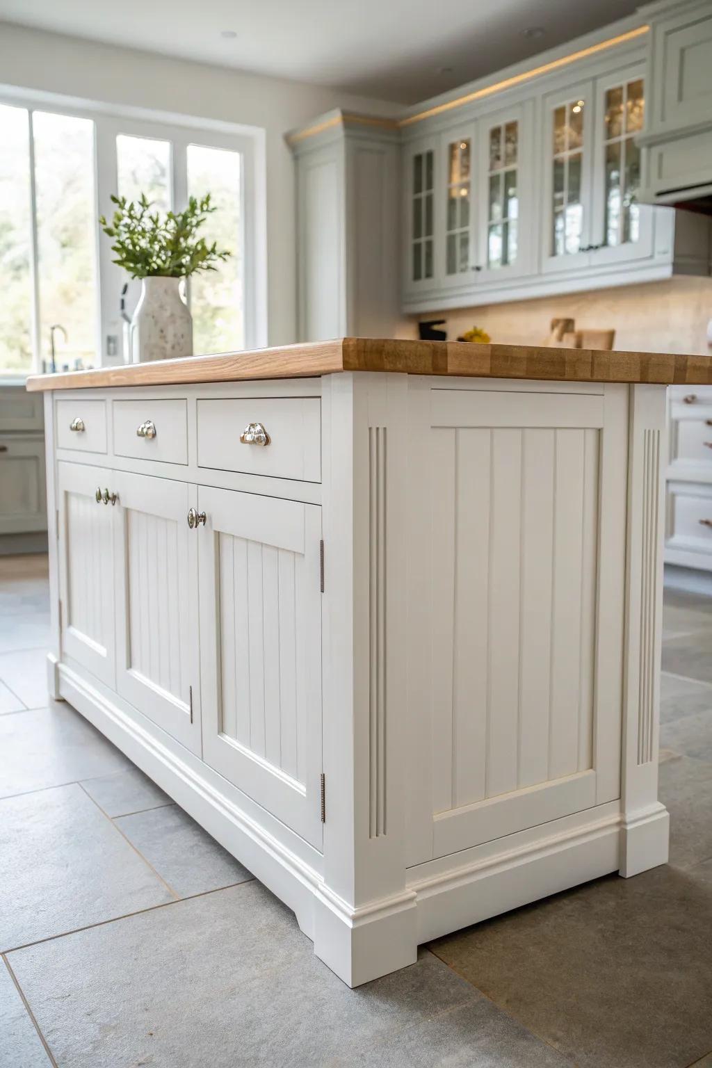 A bright white island takes center stage, beautifully contrasted by soft gray perimeter cabinets.