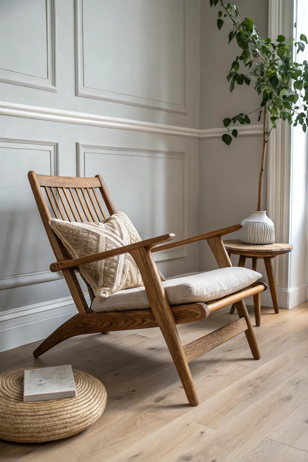 Greige walls meet warm medium-tone wood—an inviting grey living room look with quiet character.