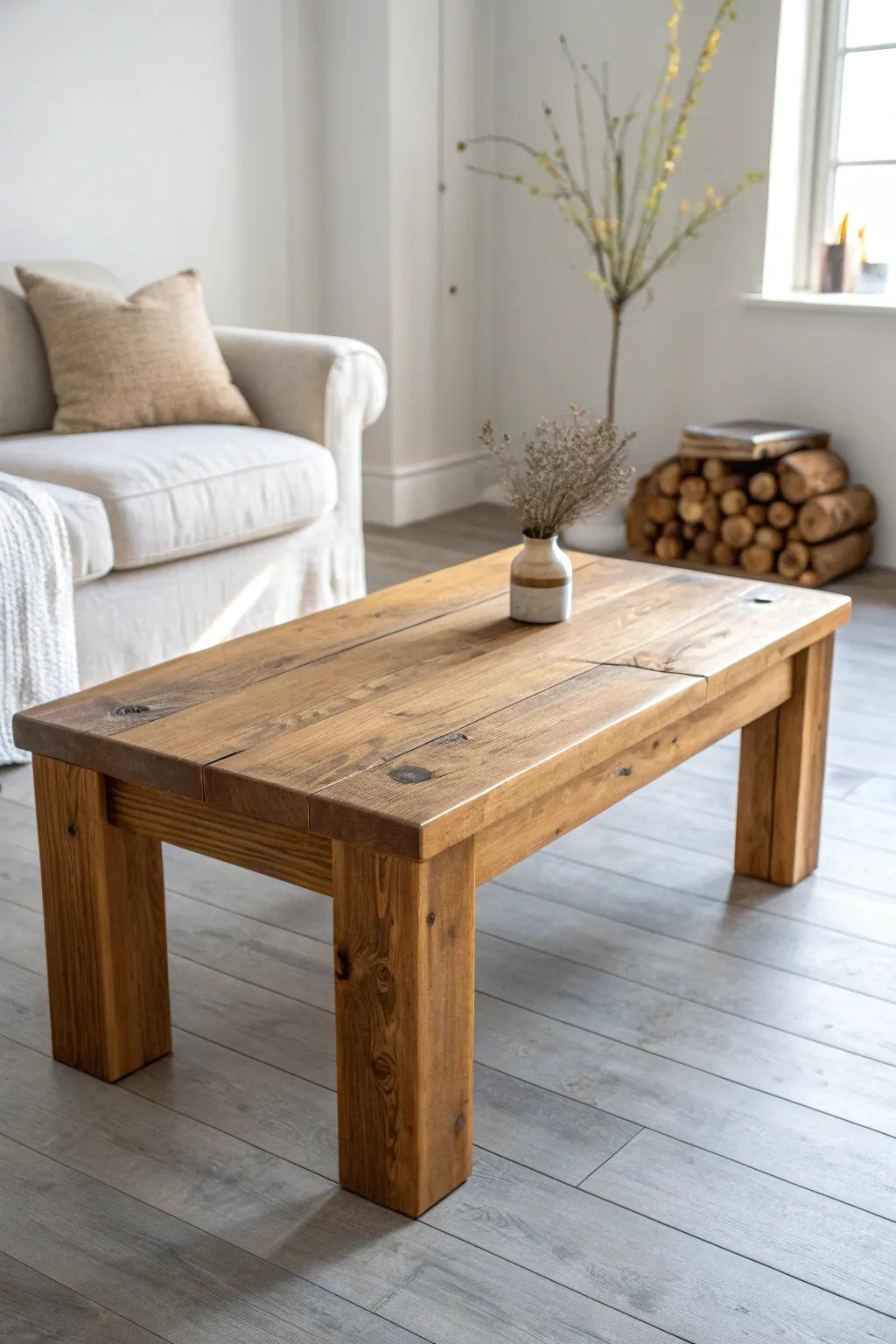 A chunky honey-toned wood coffee table warms up cool gray floors with timeless, cozy contrast.