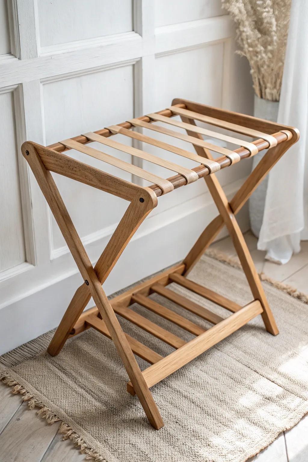 Light oak slatted-top luggage rack—flat support for duffels, minimalist and guest-ready.
