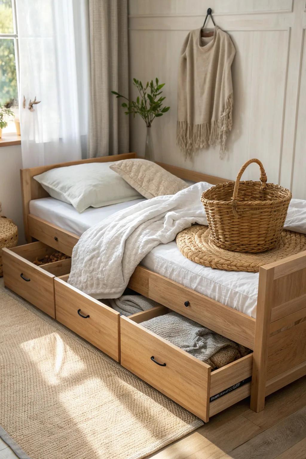 A guest-room daybed with drawers: beautiful storage for linens and games in one calm piece.