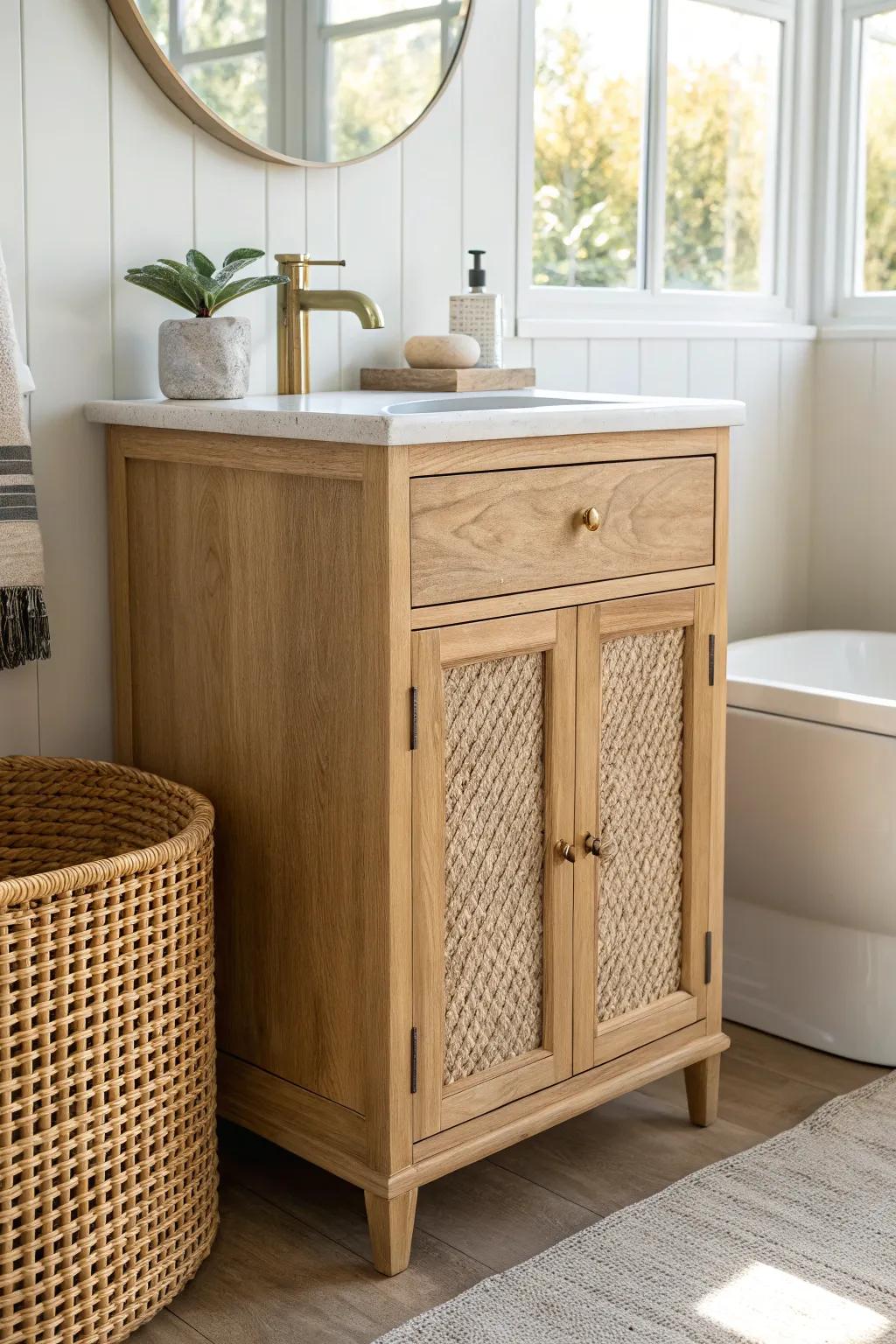 Swap a pedestal sink for a petite oak vanity—instant storage and a calmer, curated half bath.