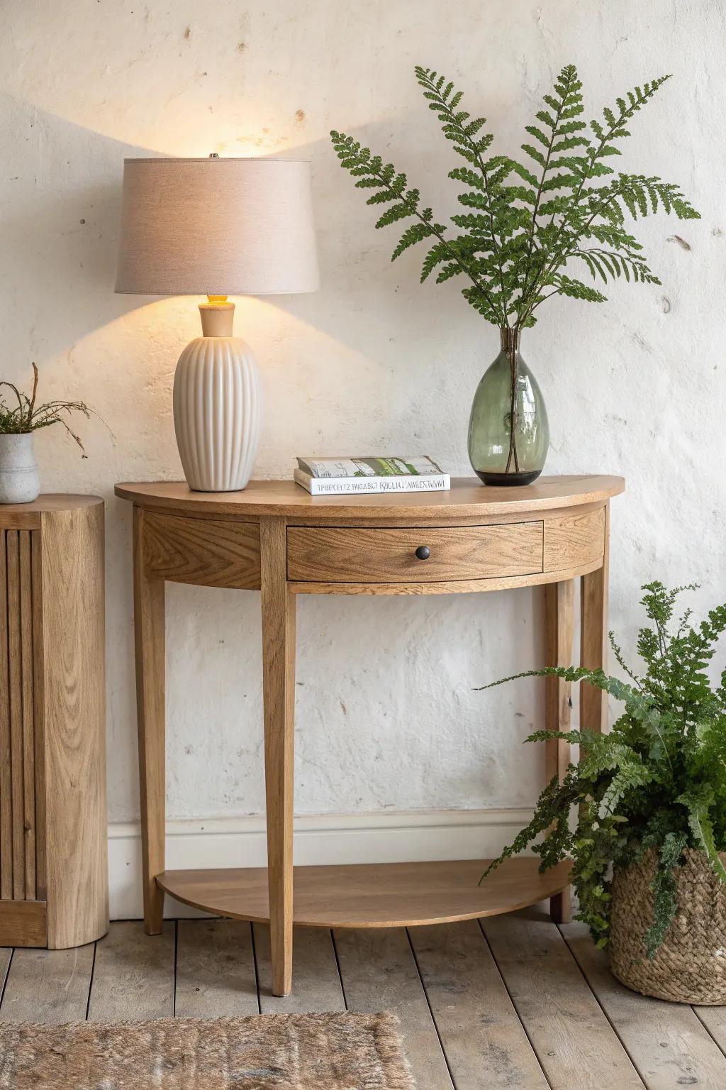 Half moon table styling: tall lamp glow paired with leafy greenery for effortless balance.