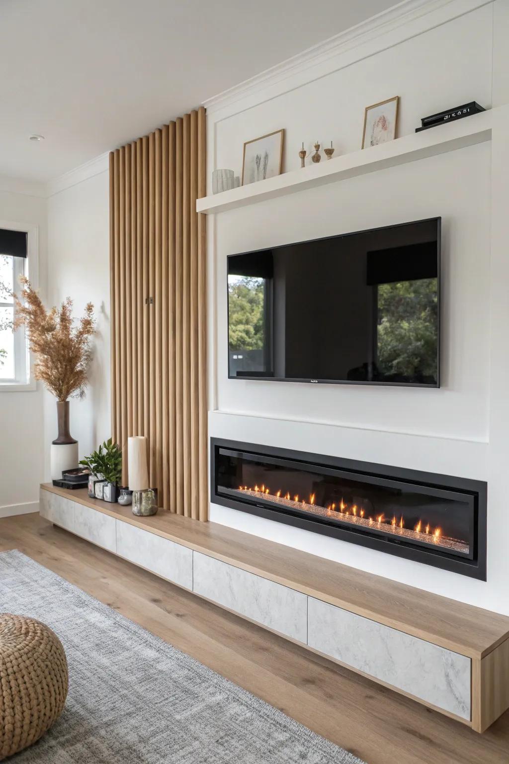 Half-wall fireplace with a deeper bump-out ledge and TV above—clean, centered, and cozy.