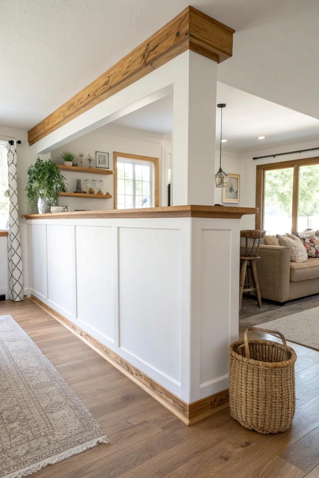 Simple drywall half wall topped with a chunky oak cap—clean, cozy, and custom-looking.