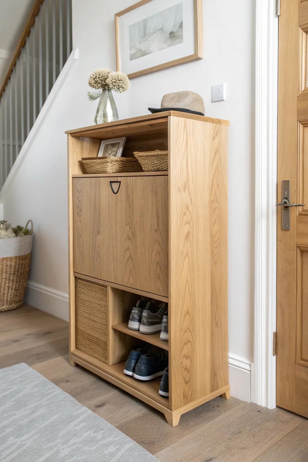 Slim tilt-out oak shoe cabinet—big storage for narrow hallways, minimal and beautifully crafted.