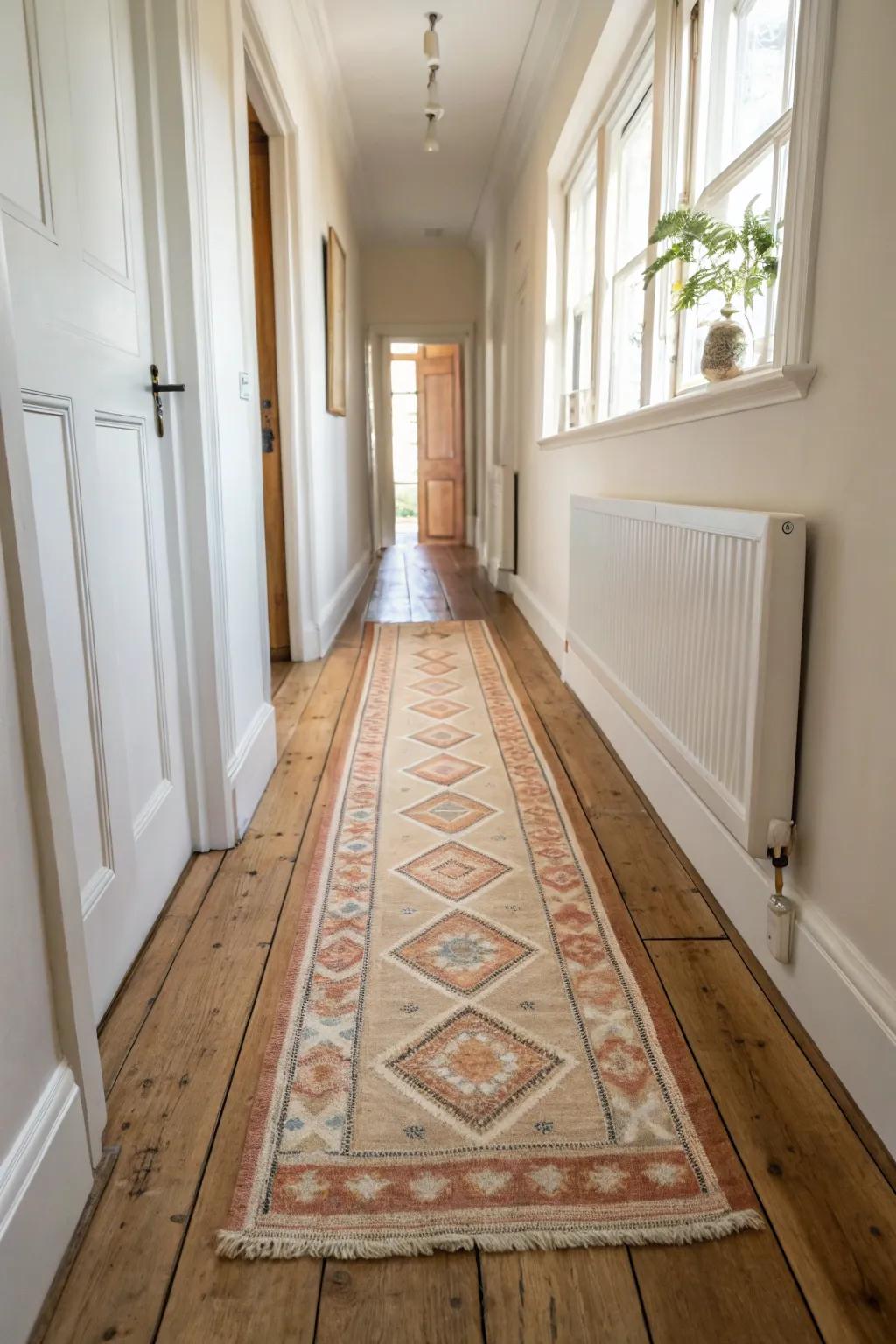 A cozy runner rug on warm oak floors defines the hallway path and softens every step.